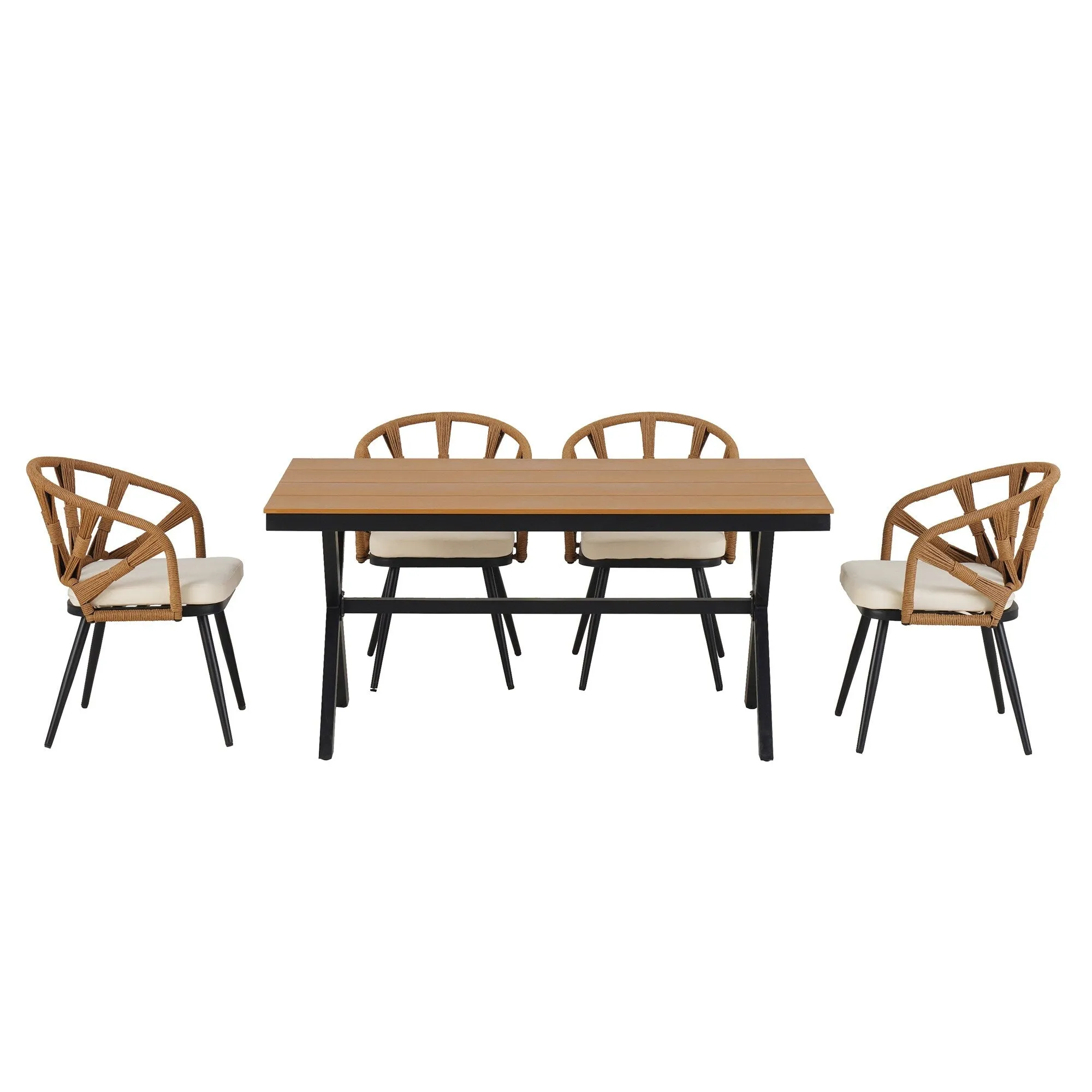 Outdoor PE Rattan Chairs with Plastic Wood Table for Garden (Set of 5)
