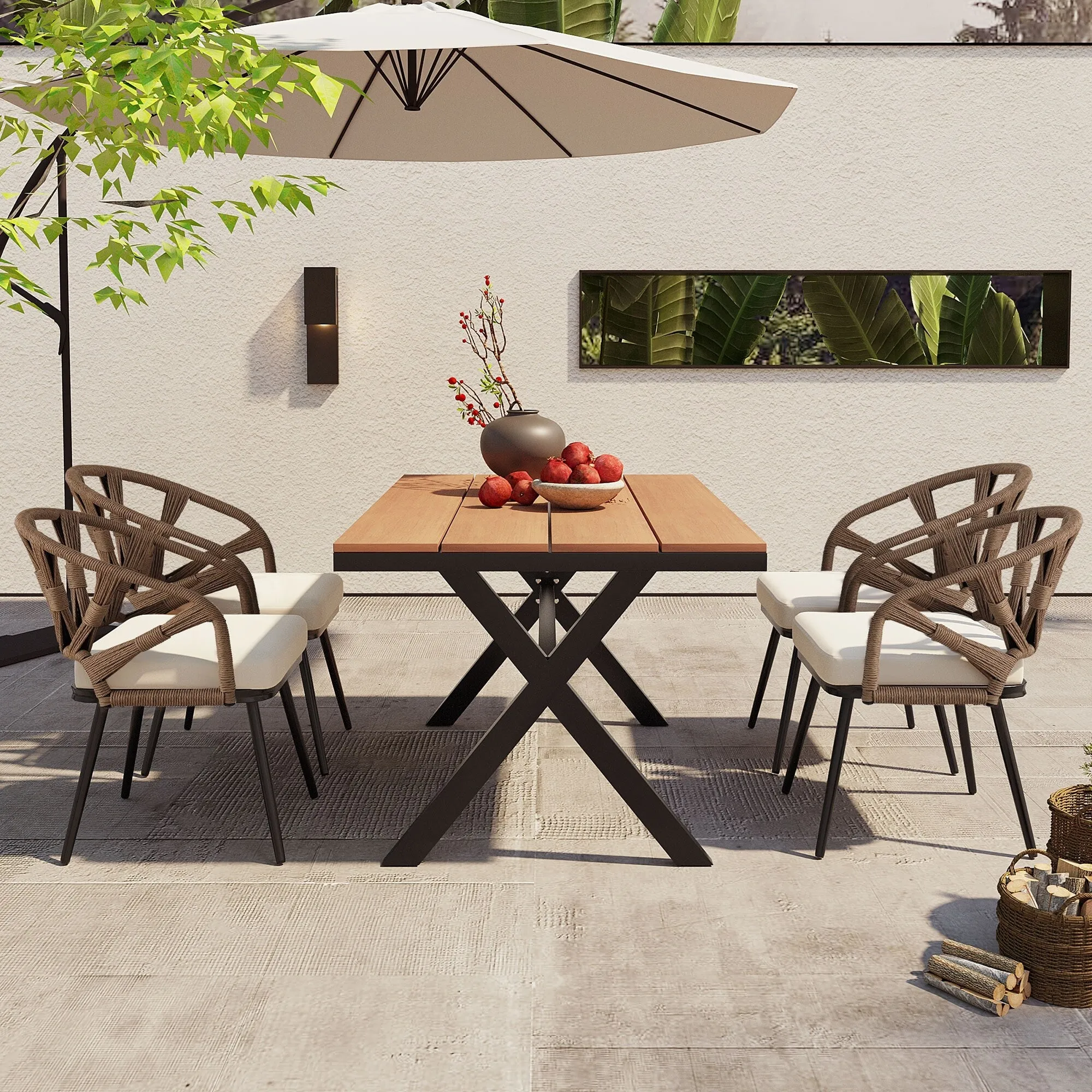 Outdoor PE Rattan Chairs with Plastic Wood Table for Garden (Set of 5)