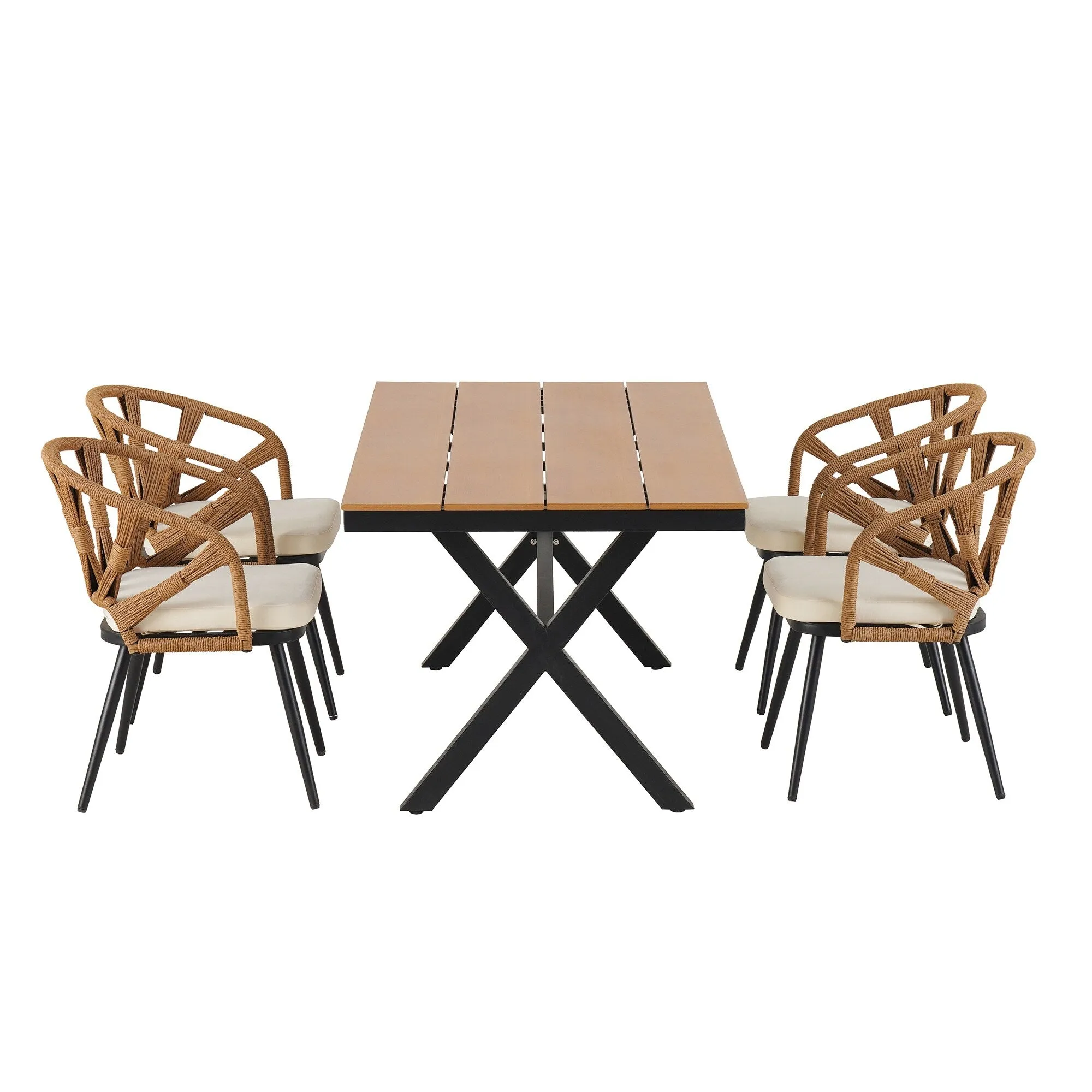 Outdoor PE Rattan Chairs with Plastic Wood Table for Garden (Set of 5)