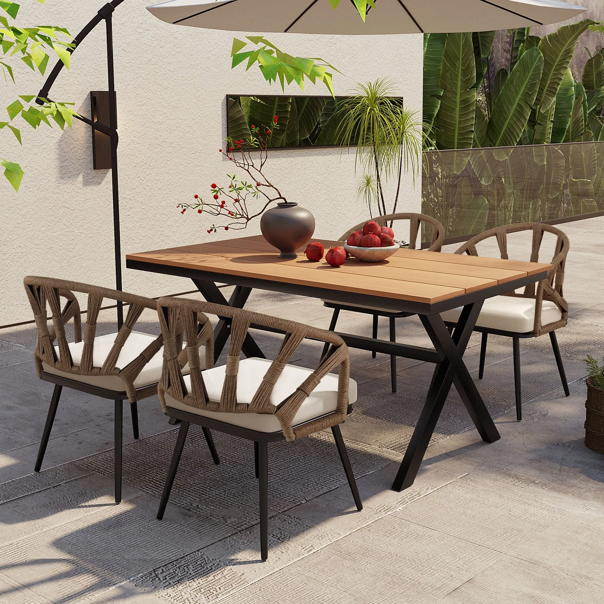 Outdoor PE Rattan Chairs with Plastic Wood Table for Garden (Set of 5)
