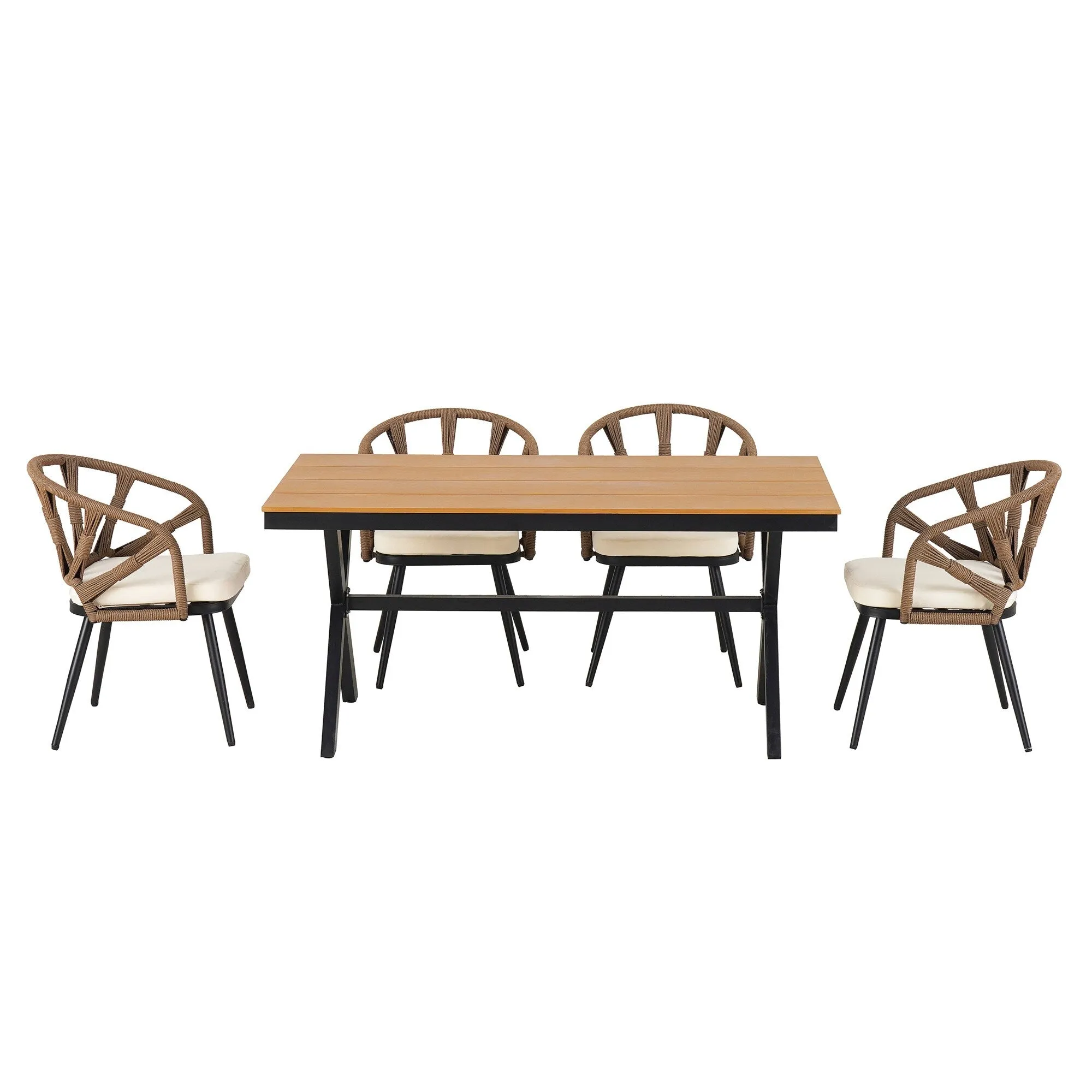 Outdoor PE Rattan Chairs with Plastic Wood Table for Garden (Set of 5)