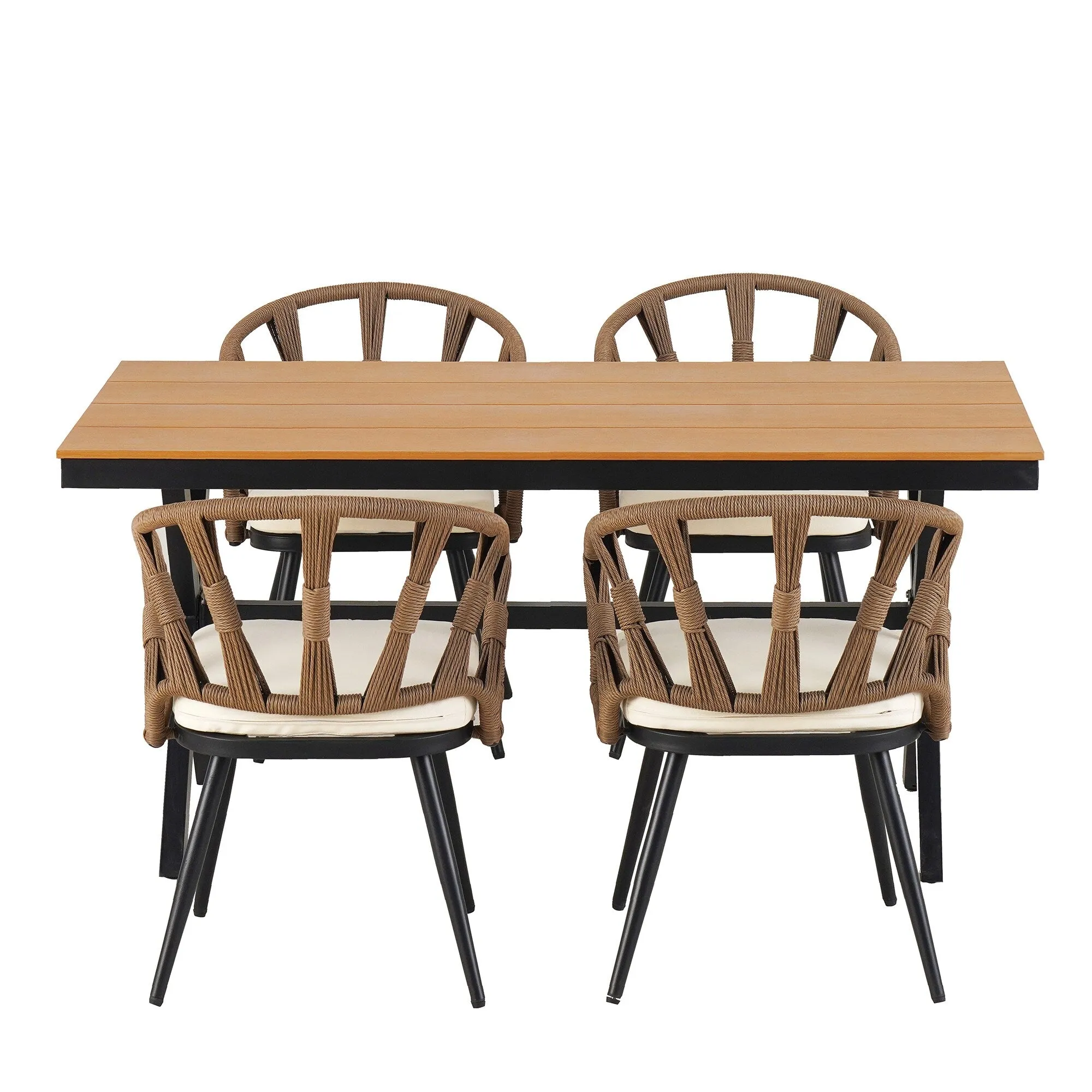 Outdoor PE Rattan Chairs with Plastic Wood Table for Garden (Set of 5)