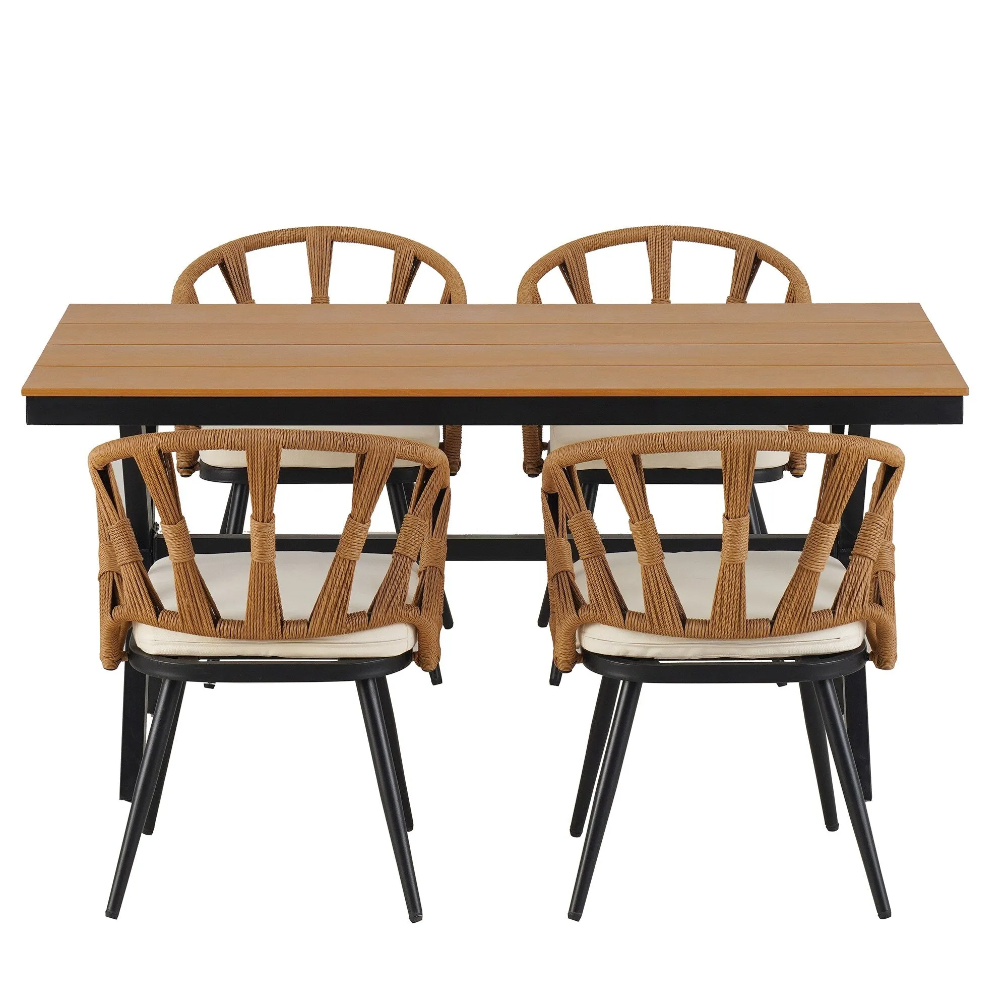 Outdoor PE Rattan Chairs with Plastic Wood Table for Garden (Set of 5)