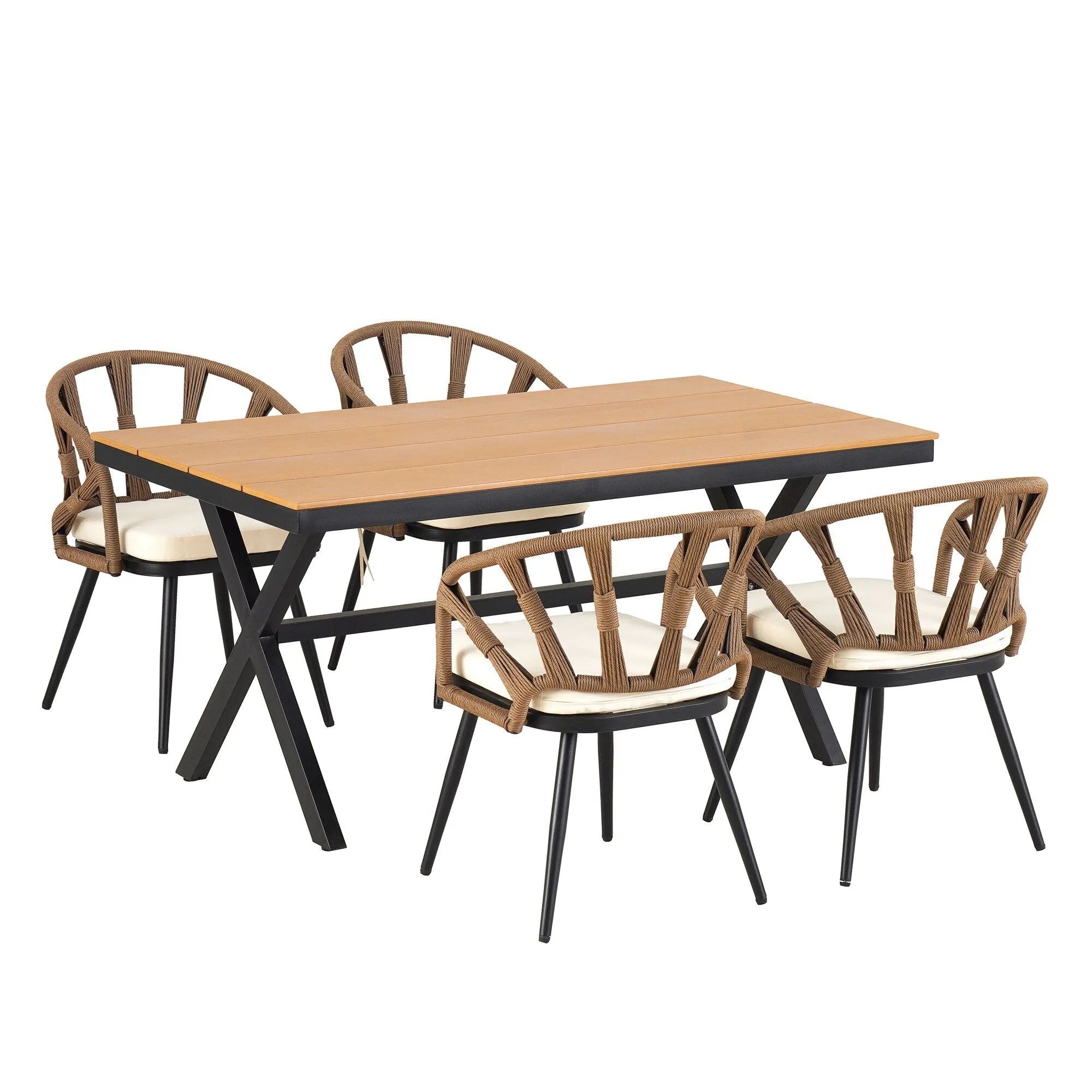 Outdoor PE Rattan Chairs with Plastic Wood Table for Garden (Set of 5)