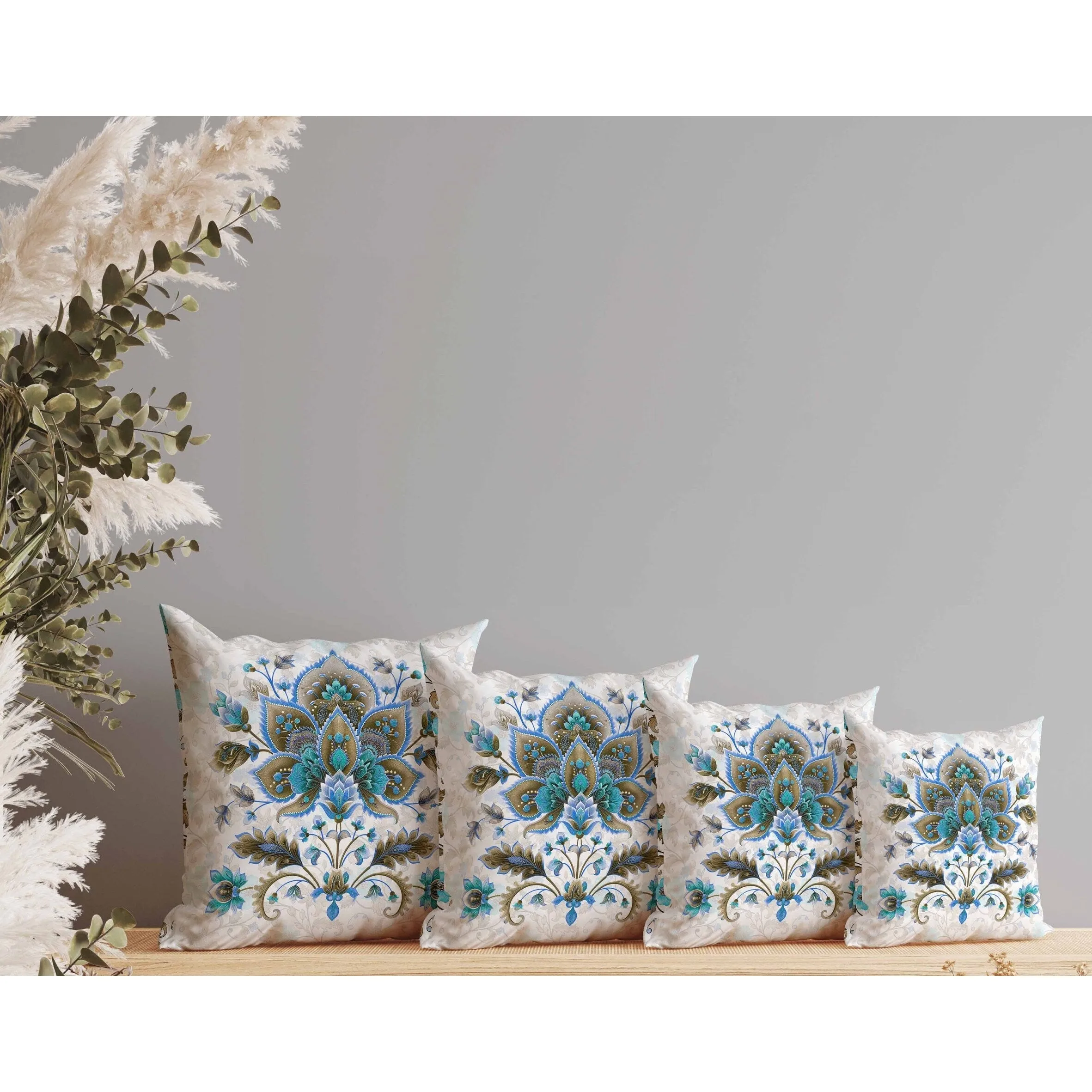 Paisley Petal Melody Indoor/Outdoor Reversible Throw Pillow Blue and Copper