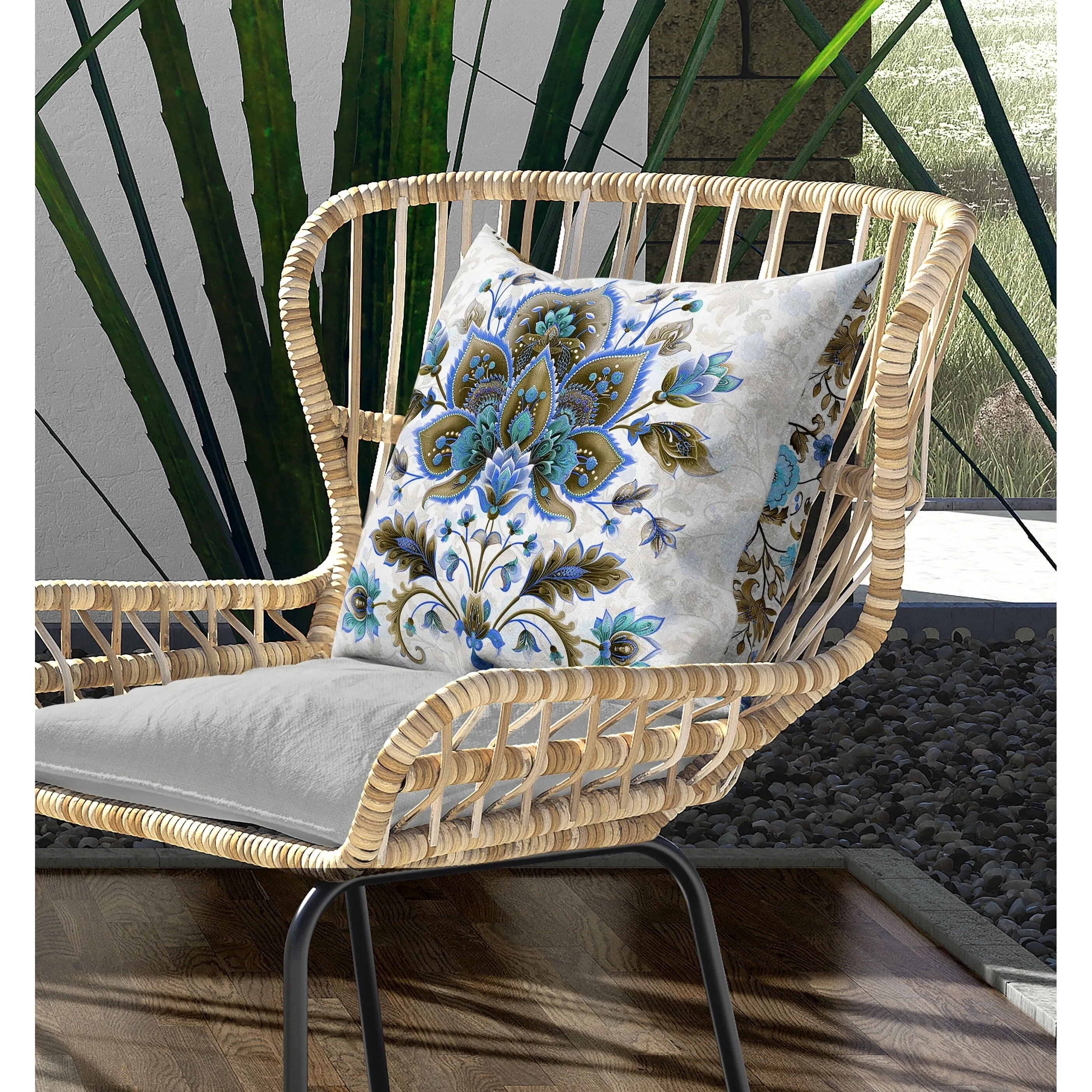 Paisley Petal Melody Indoor/Outdoor Reversible Throw Pillow Blue and Copper