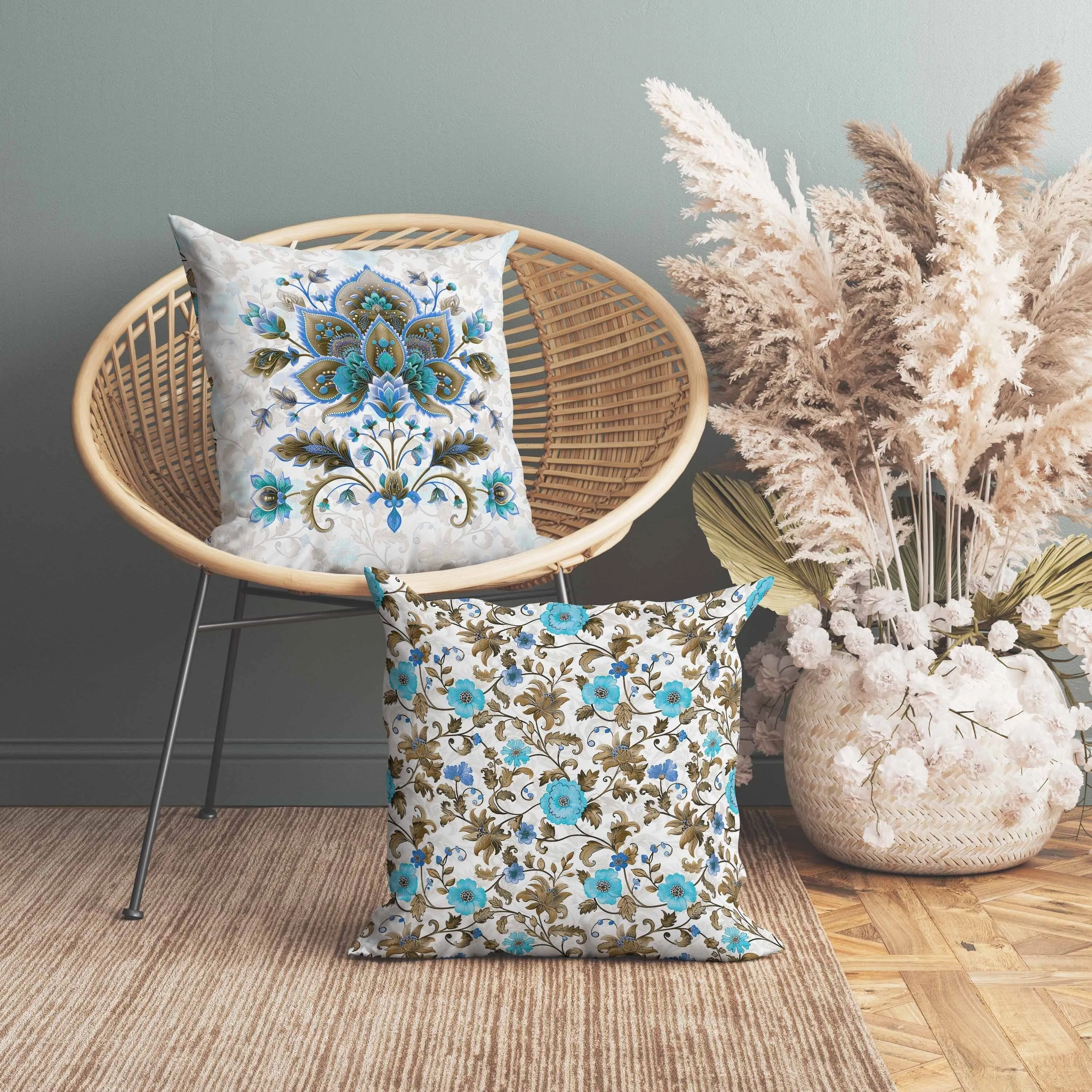Paisley Petal Melody Indoor/Outdoor Reversible Throw Pillow Blue and Copper
