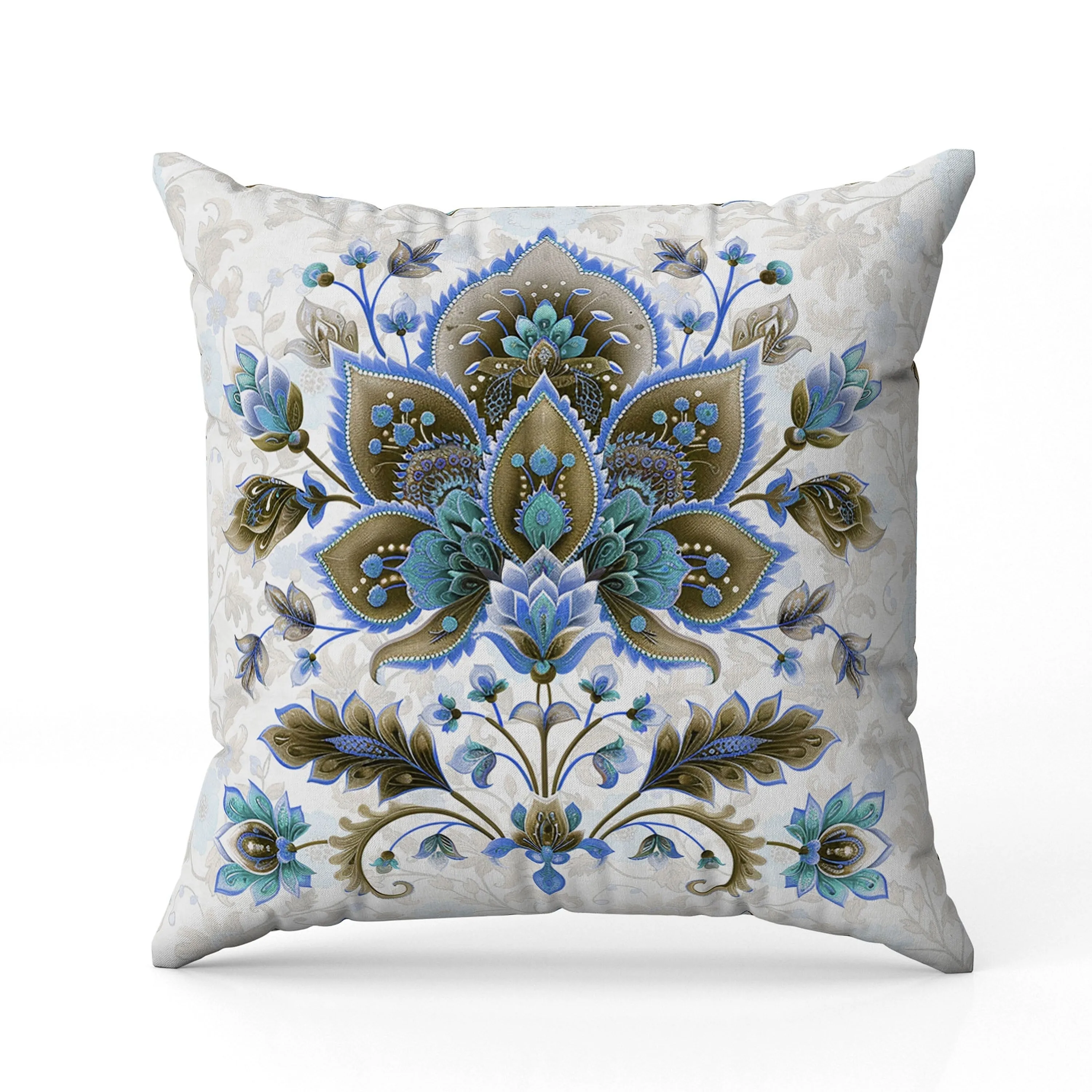 Paisley Petal Melody Indoor/Outdoor Reversible Throw Pillow Blue and Copper