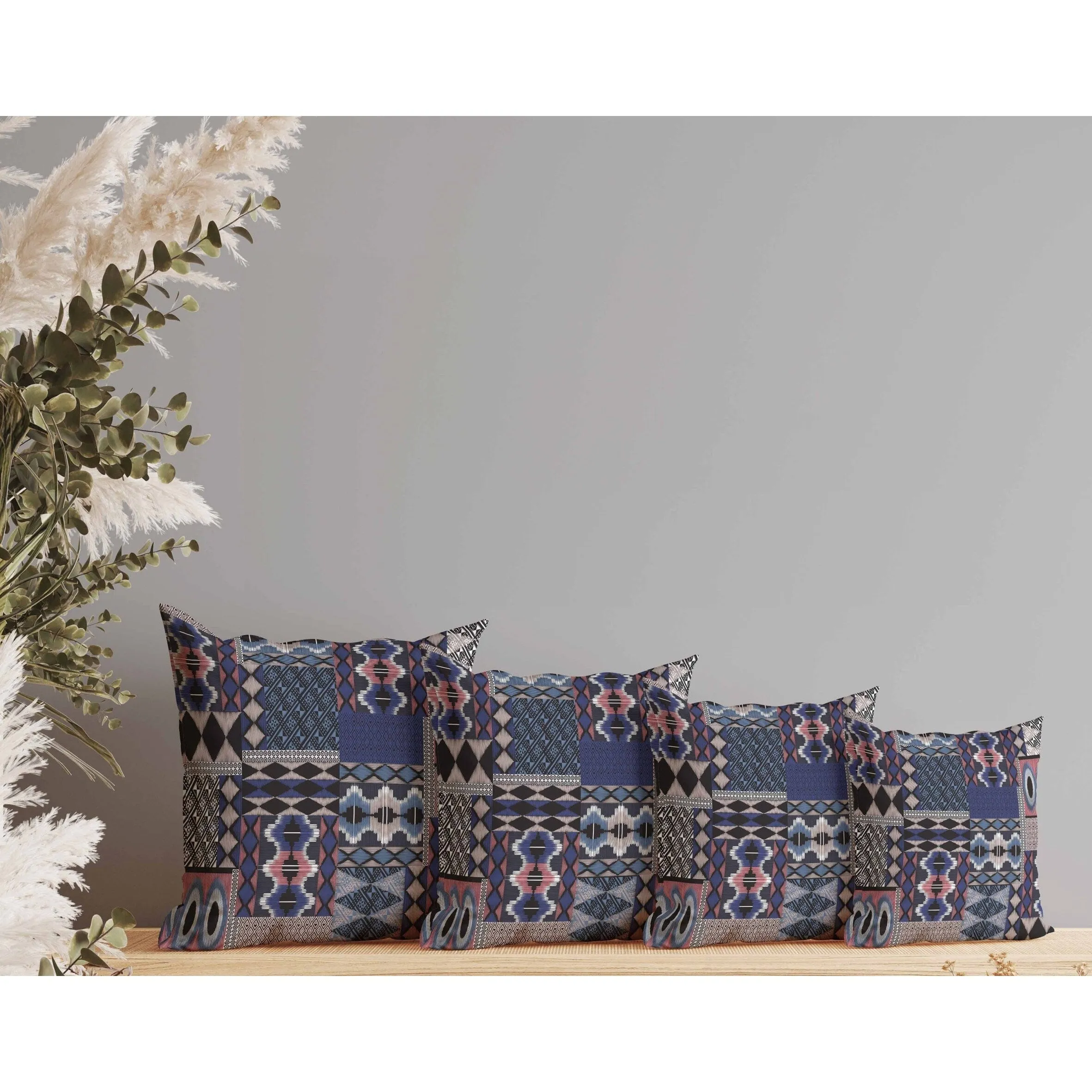 Patched Perfection Indoor/Outdoor Reversible Throw Pillow Blue and Rose