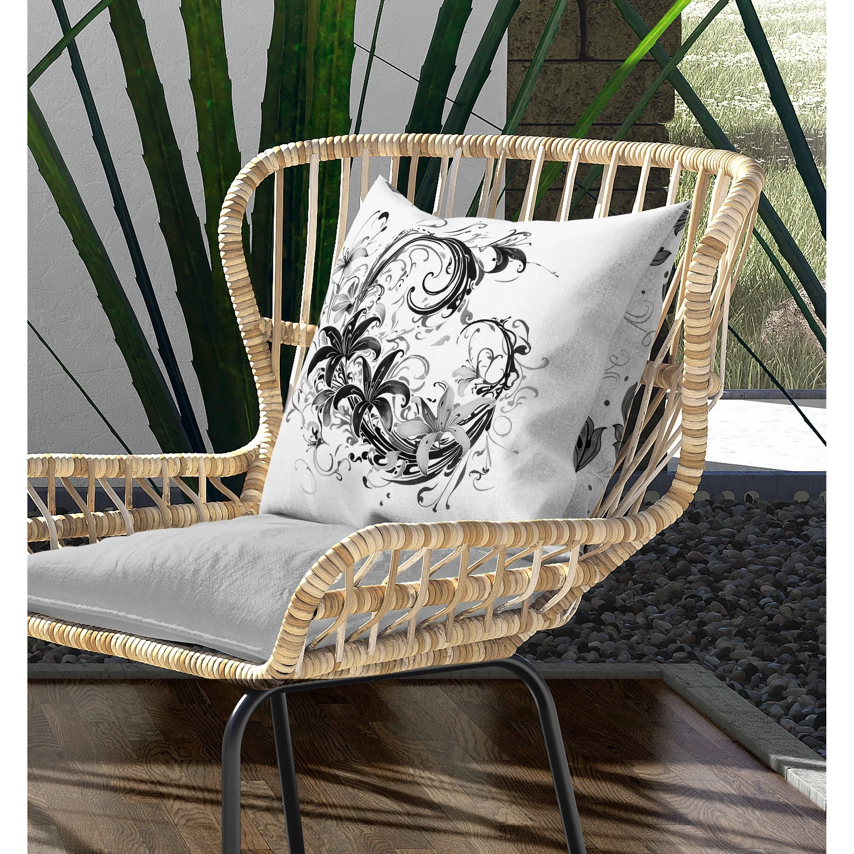 Petal and Swirl Indoor/Outdoor Reversible Throw Pillow White and Grey