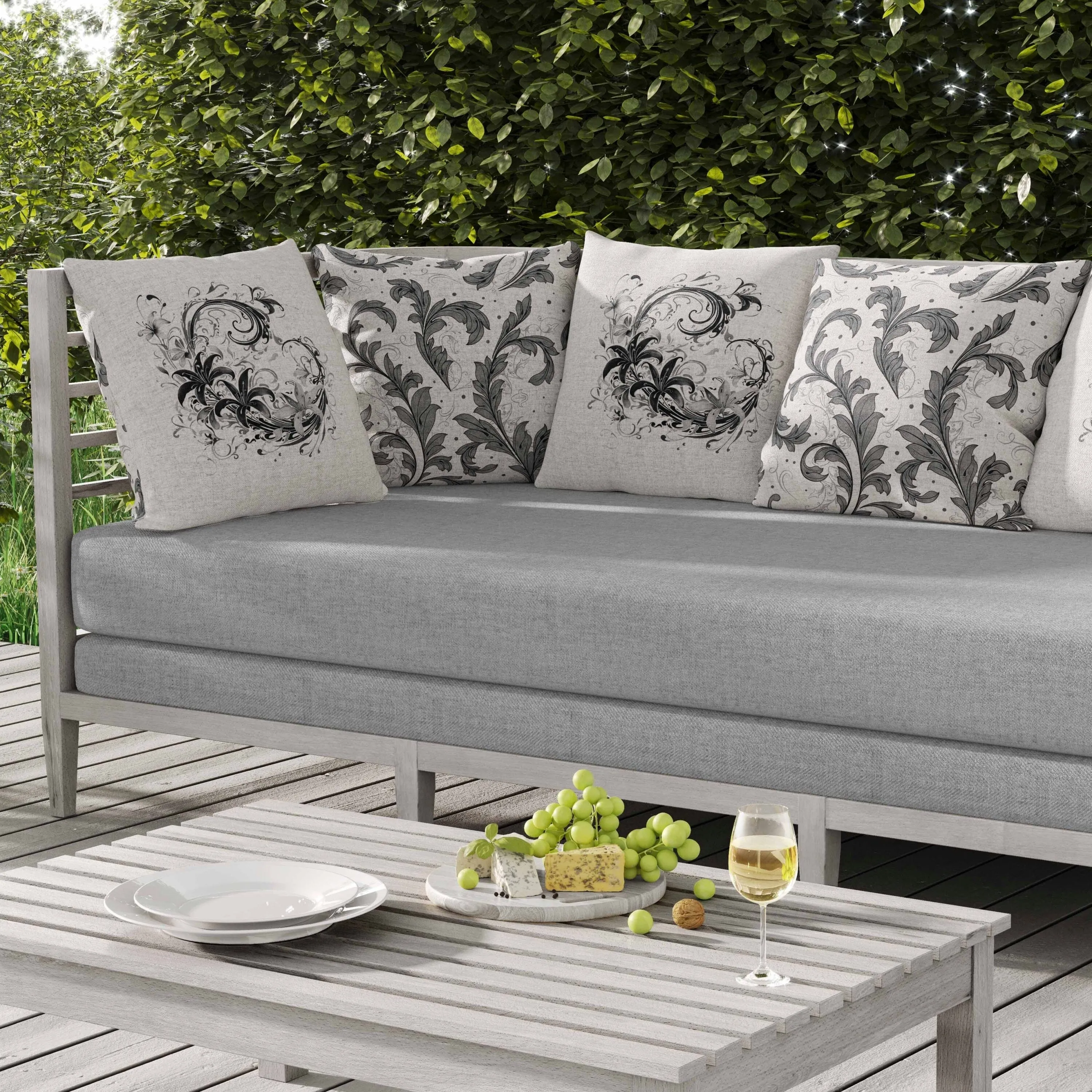 Petal and Swirl Indoor/Outdoor Reversible Throw Pillow White and Grey