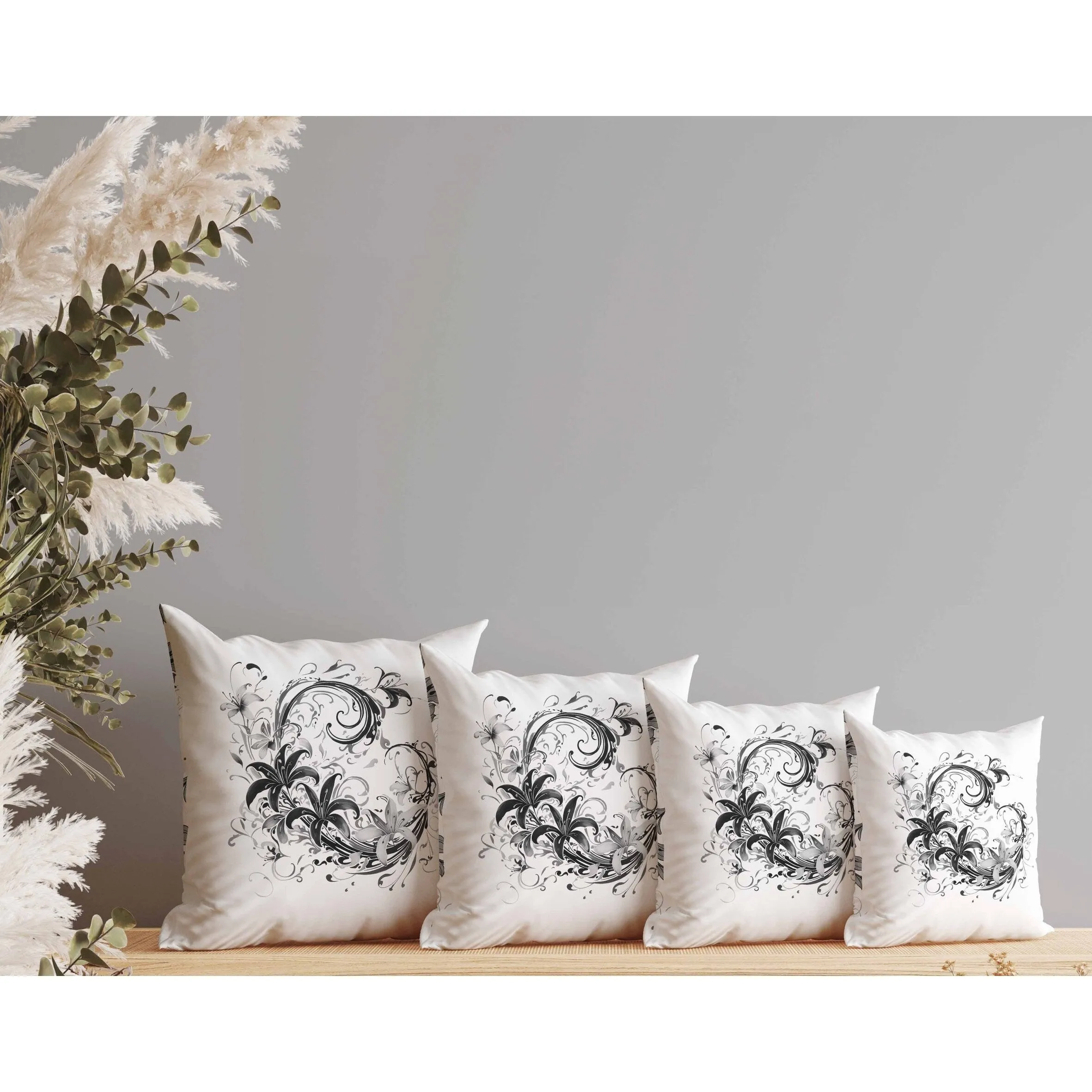 Petal and Swirl Indoor/Outdoor Reversible Throw Pillow White and Grey
