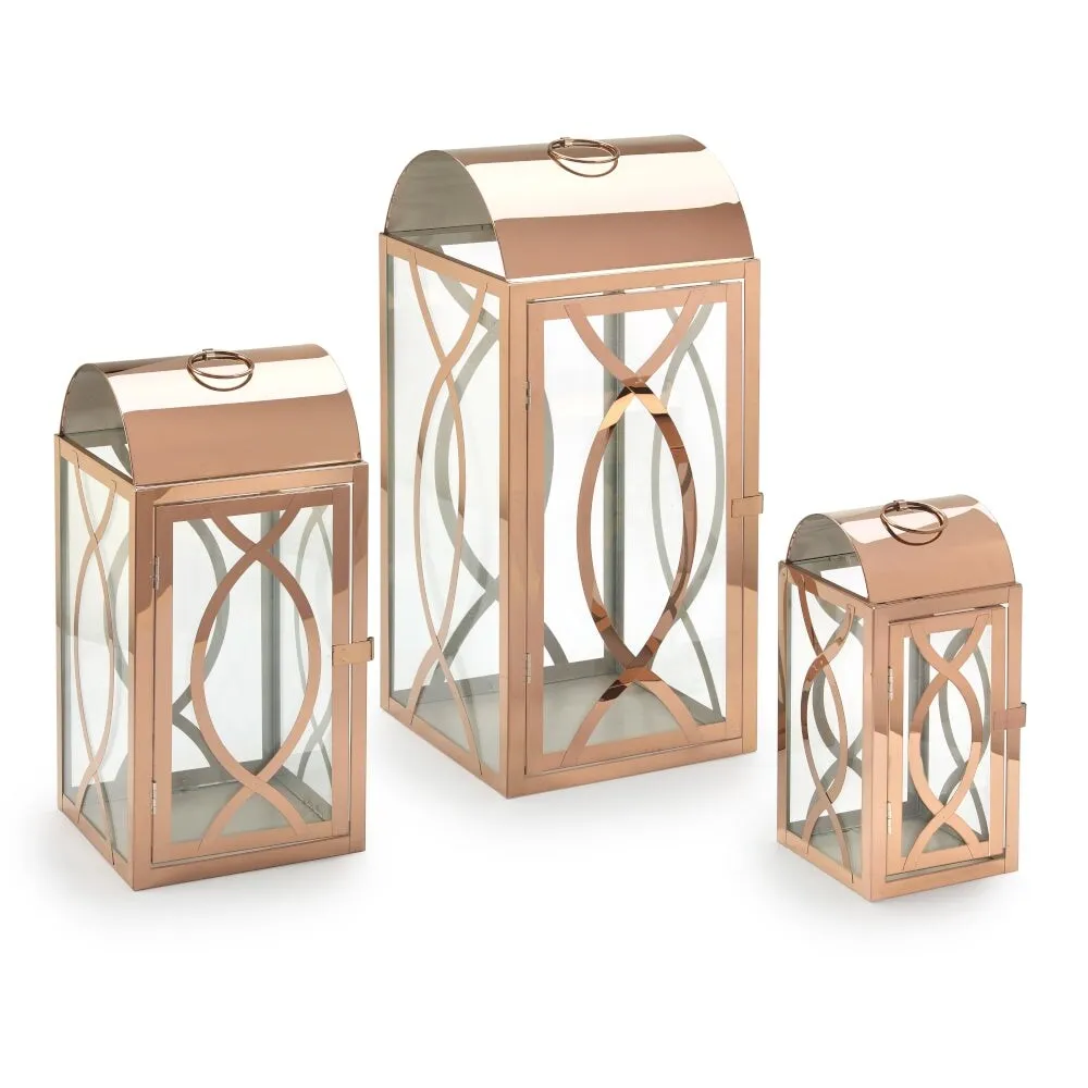 Set of 3 Indoor or Outdoor Rogan Metal Lanterns- Rose Gold