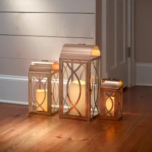 Set of 3 Indoor or Outdoor Rogan Metal Lanterns- Rose Gold