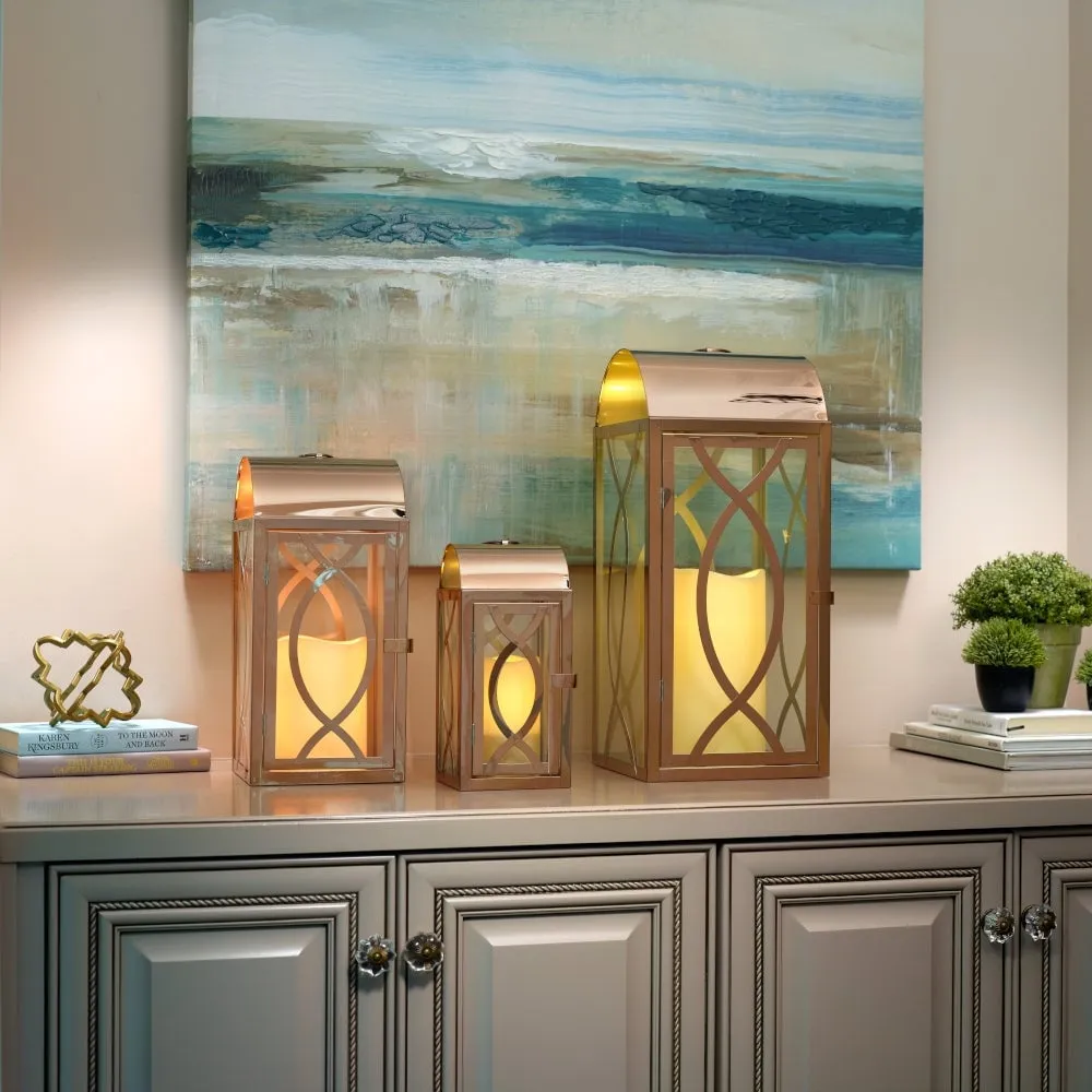Set of 3 Indoor or Outdoor Rogan Metal Lanterns- Rose Gold