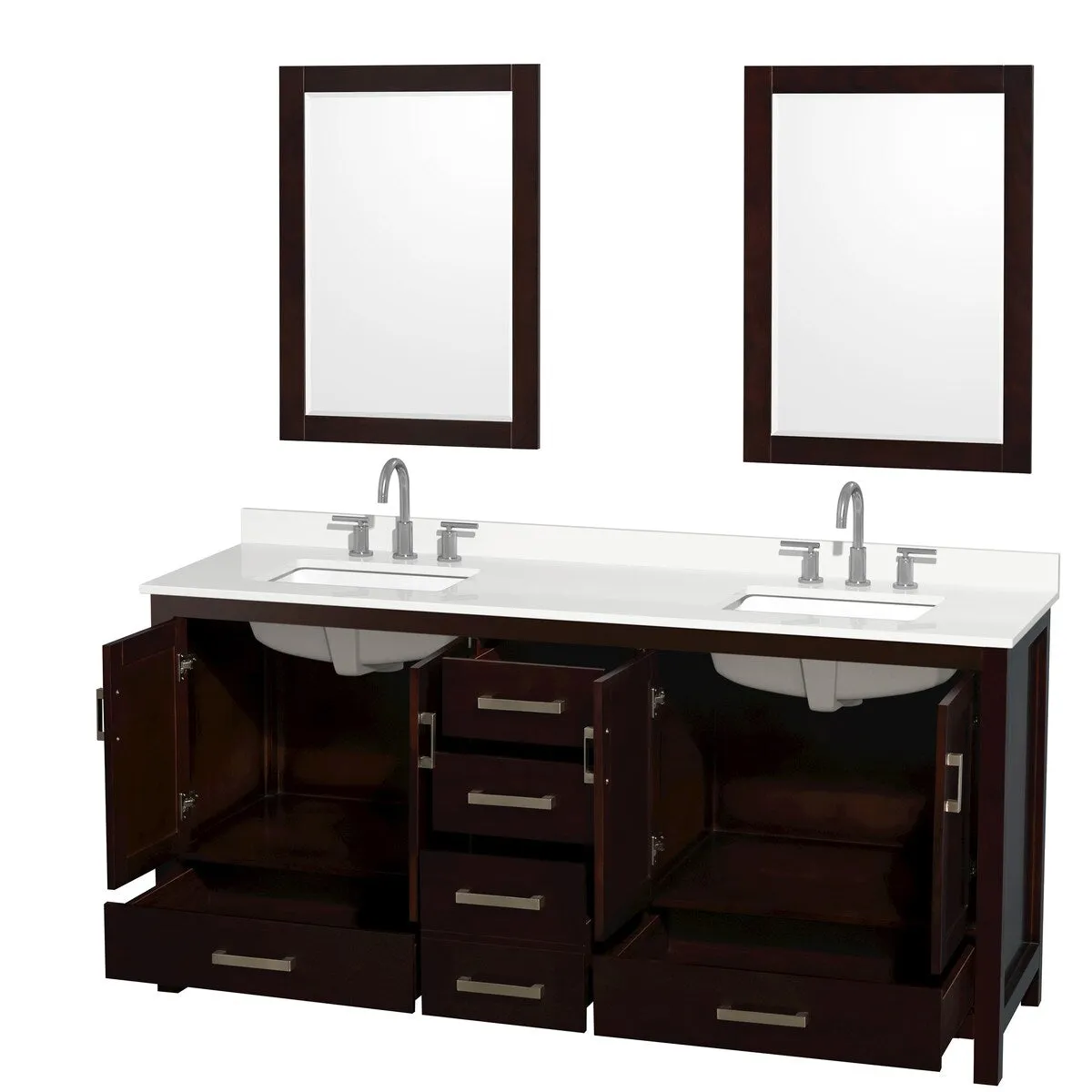 Sheffield 72-inch Double Vanity. 3 Hole Quartz Top. 24-inch Mirrors