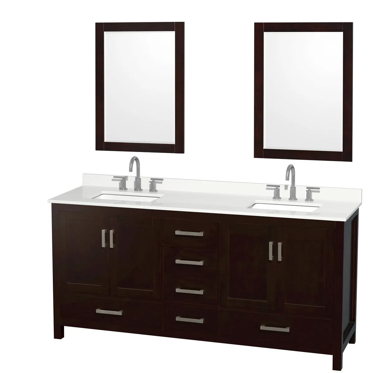 Sheffield 72-inch Double Vanity. 3 Hole Quartz Top. 24-inch Mirrors
