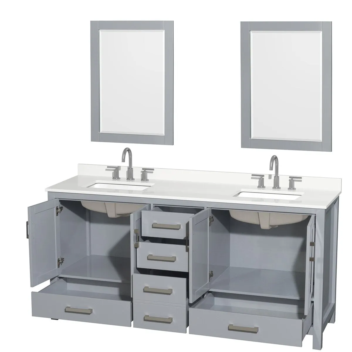 Sheffield 72-inch Double Vanity. 3 Hole Quartz Top. 24-inch Mirrors