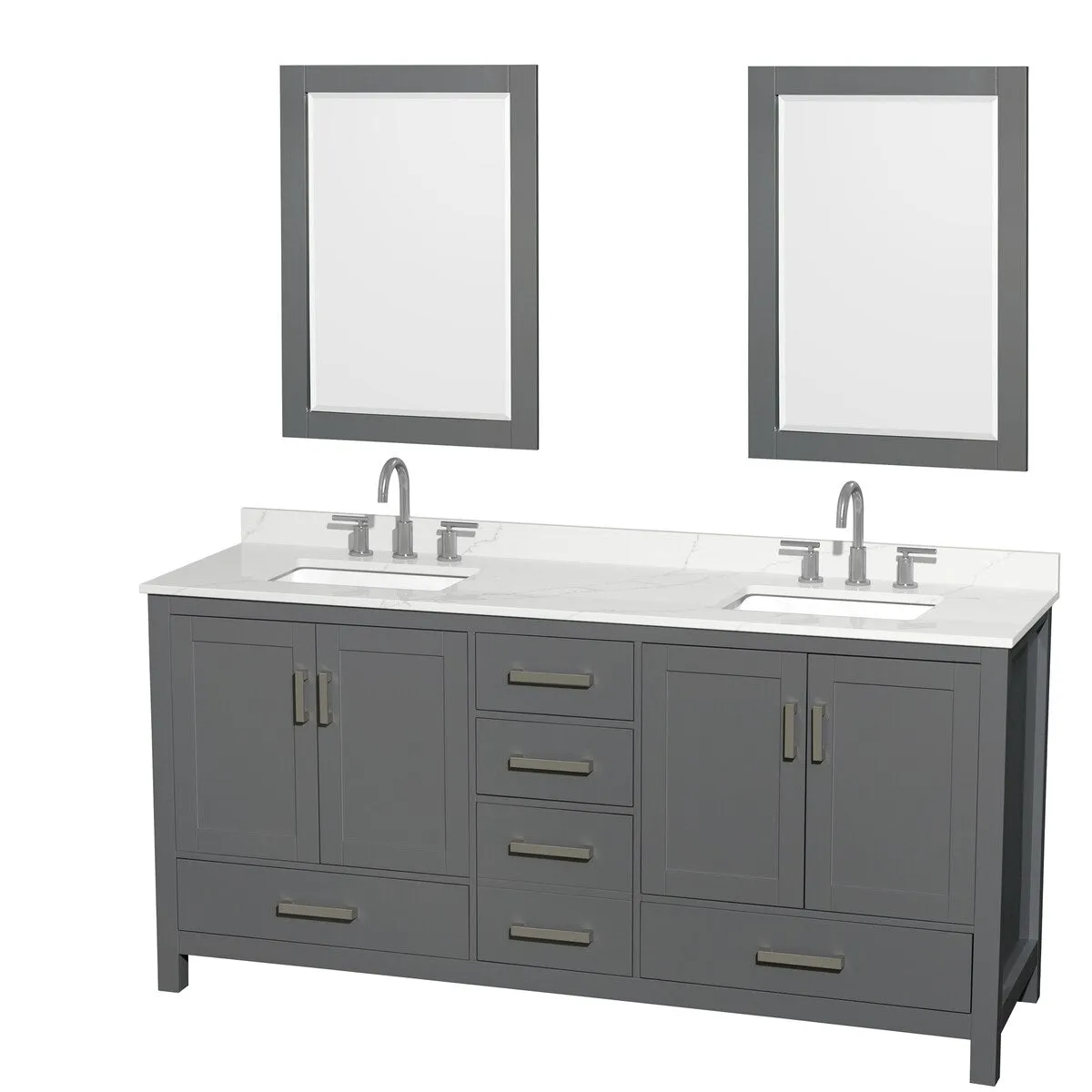 Sheffield 72-inch Double Vanity. 3 Hole Quartz Top. 24-inch Mirrors