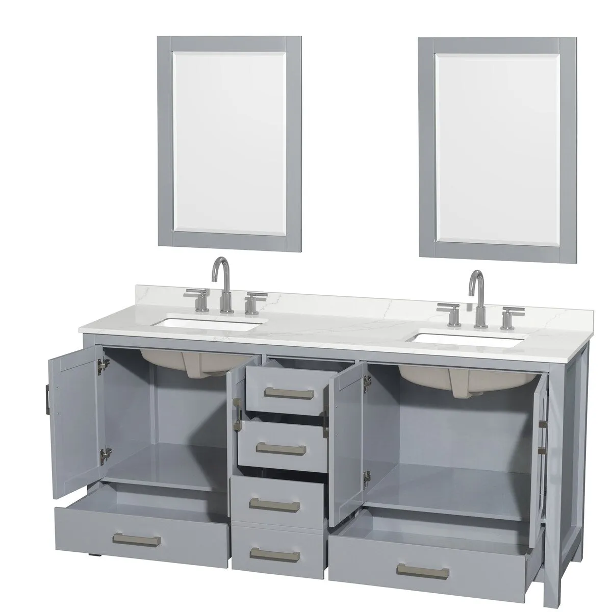 Sheffield 72-inch Double Vanity. 3 Hole Quartz Top. 24-inch Mirrors