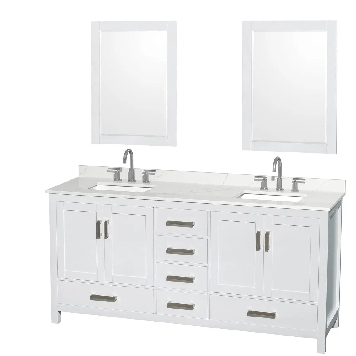 Sheffield 72-inch Double Vanity. 3 Hole Quartz Top. 24-inch Mirrors