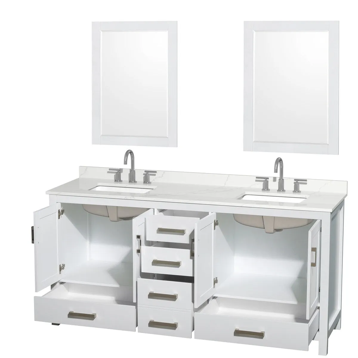 Sheffield 72-inch Double Vanity. 3 Hole Quartz Top. 24-inch Mirrors