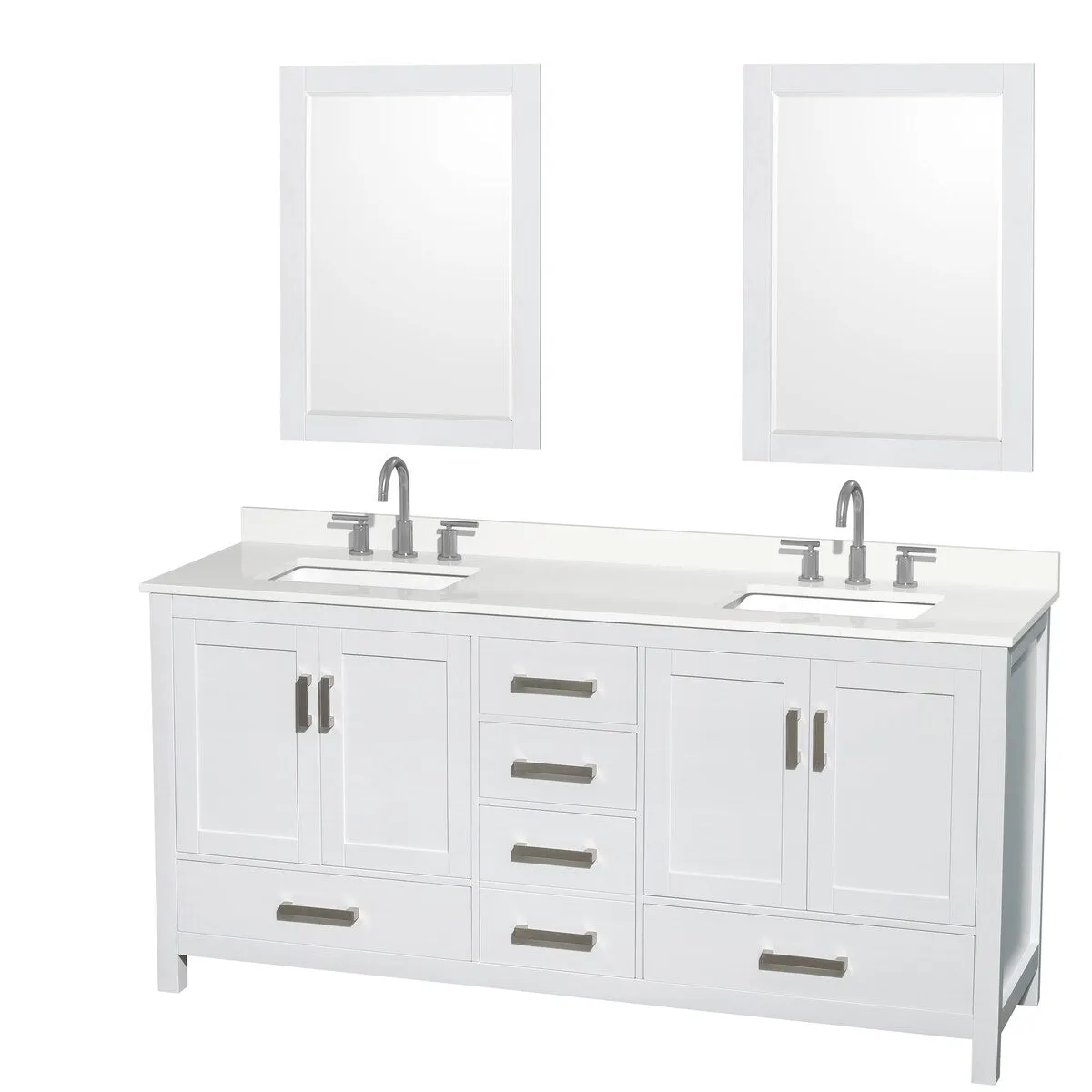 Sheffield 72-inch Double Vanity. 3 Hole Quartz Top. 24-inch Mirrors