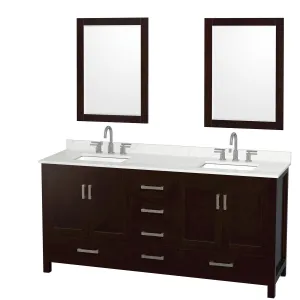 Sheffield 72-inch Double Vanity. 3 Hole Quartz Top. 24-inch Mirrors