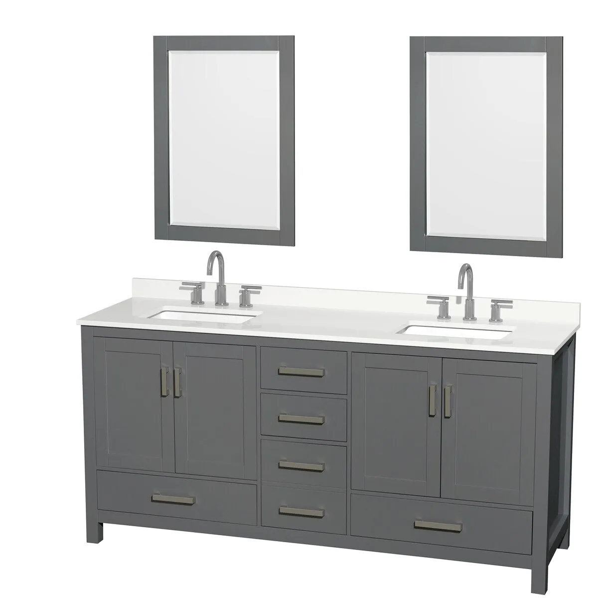 Sheffield 72-inch Double Vanity. 3 Hole Quartz Top. 24-inch Mirrors