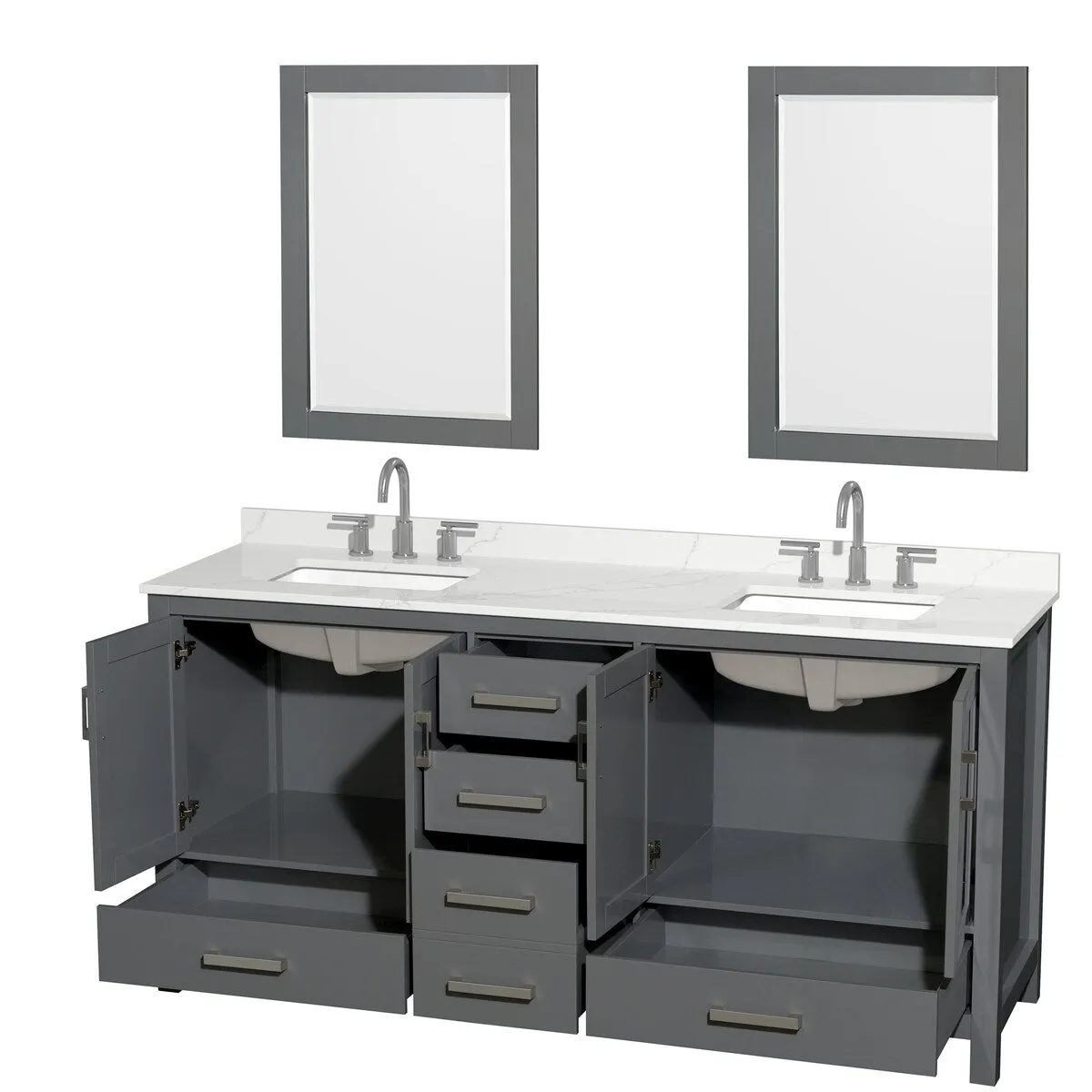 Sheffield 72-inch Double Vanity. 3 Hole Quartz Top. 24-inch Mirrors