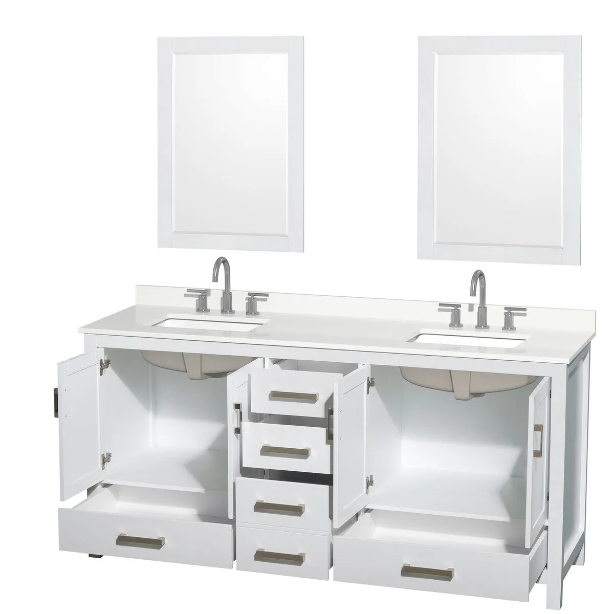 Sheffield 72-inch Double Vanity. 3 Hole Quartz Top. 24-inch Mirrors