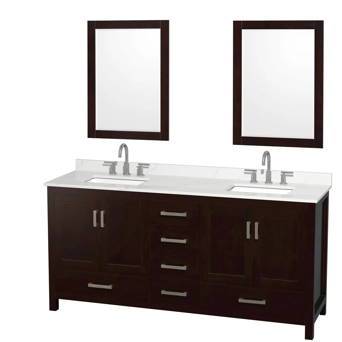 Sheffield 72-inch Double Vanity. 3 Hole Quartz Top. 24-inch Mirrors