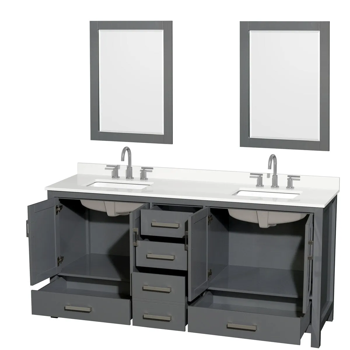 Sheffield 72-inch Double Vanity. 3 Hole Quartz Top. 24-inch Mirrors