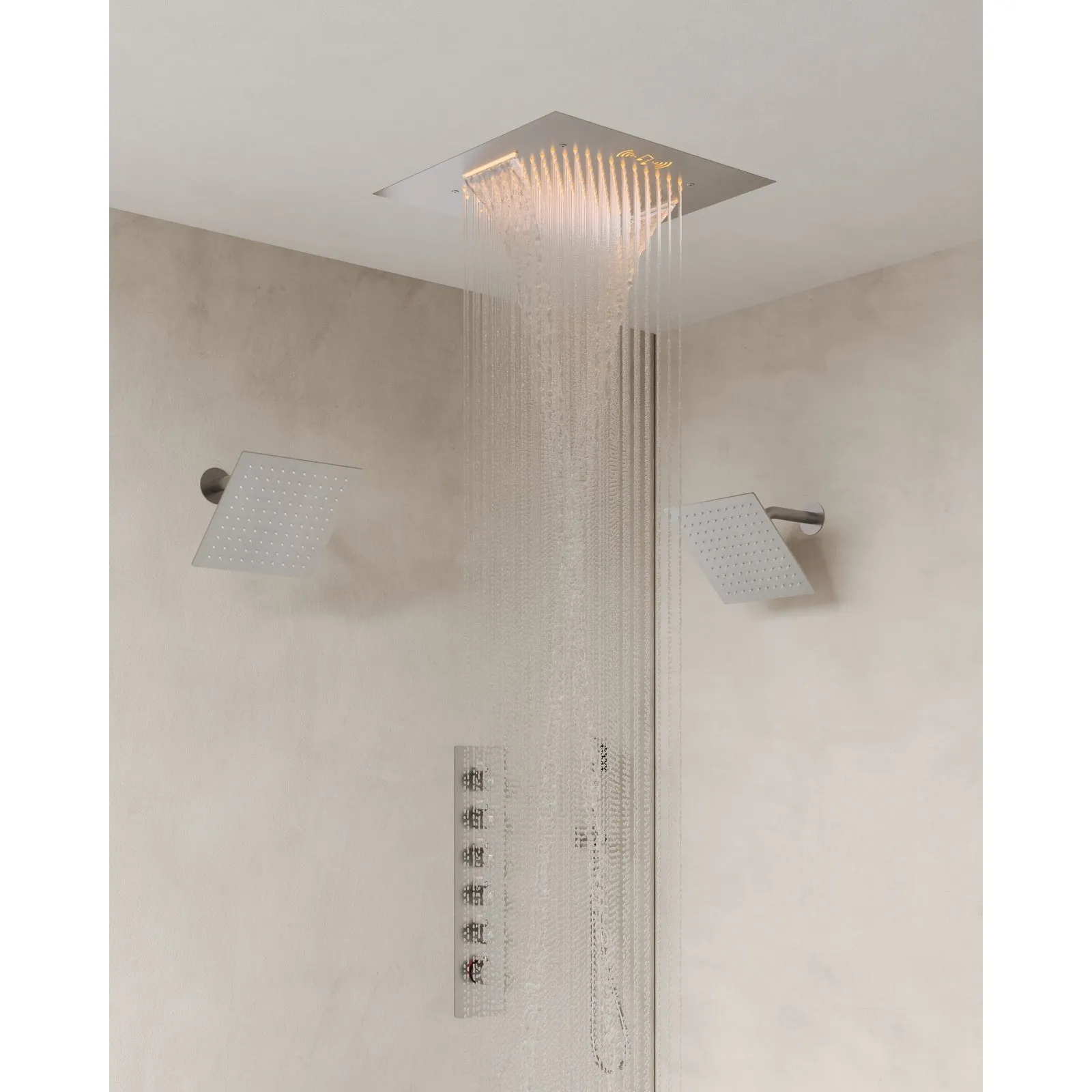 Triple Heads 20 Thermostatic Shower System. LED Mood Lighting 64-Color Dual Shower Head with Bluetooth Music