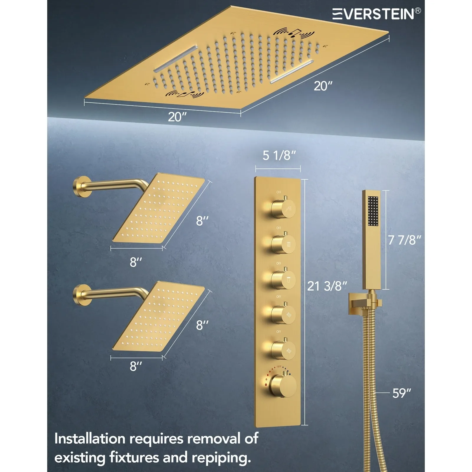 Triple Heads 20 Thermostatic Shower System. LED Mood Lighting 64-Color Dual Shower Head with Bluetooth Music