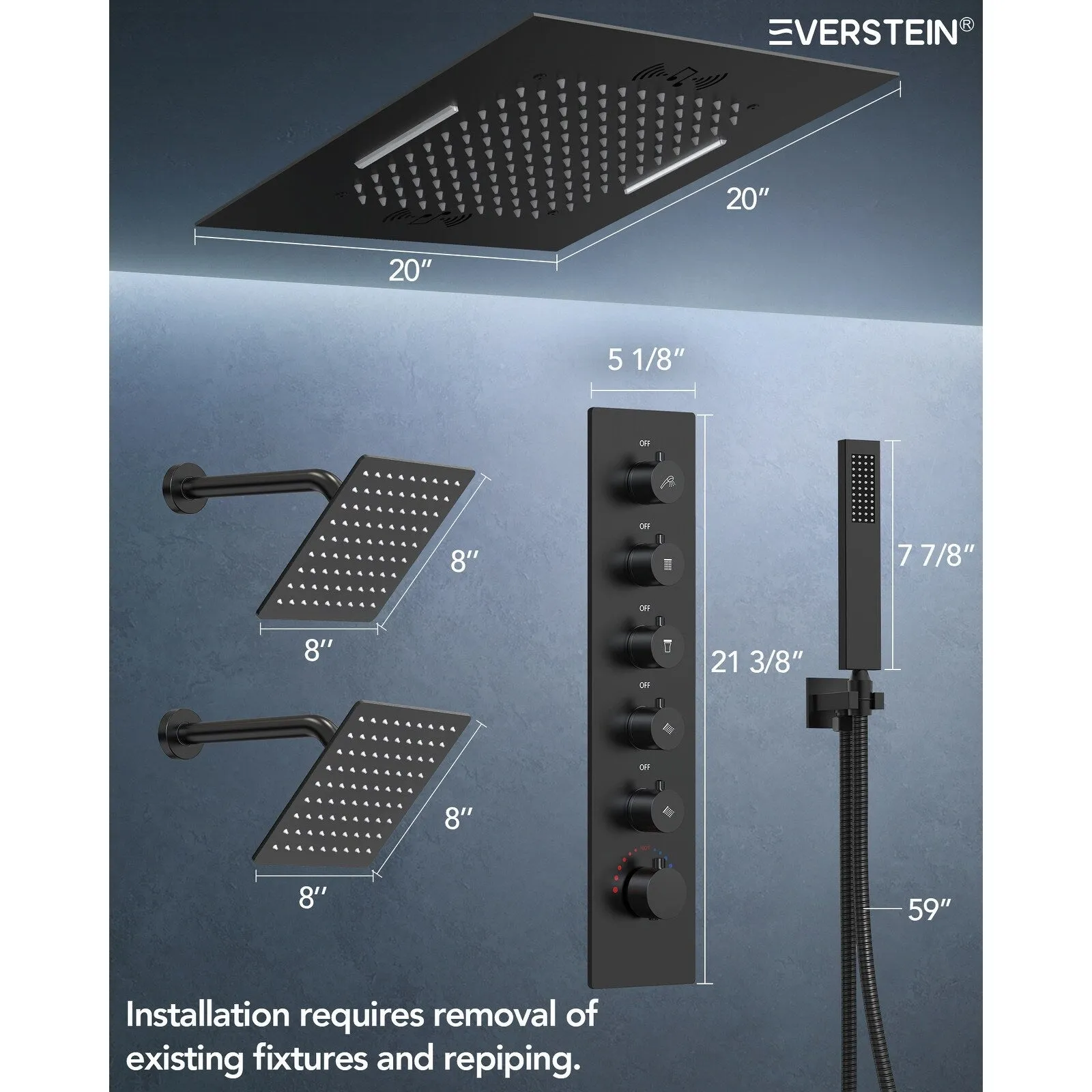 Triple Heads 20 Thermostatic Shower System. LED Mood Lighting 64-Color Dual Shower Head with Bluetooth Music