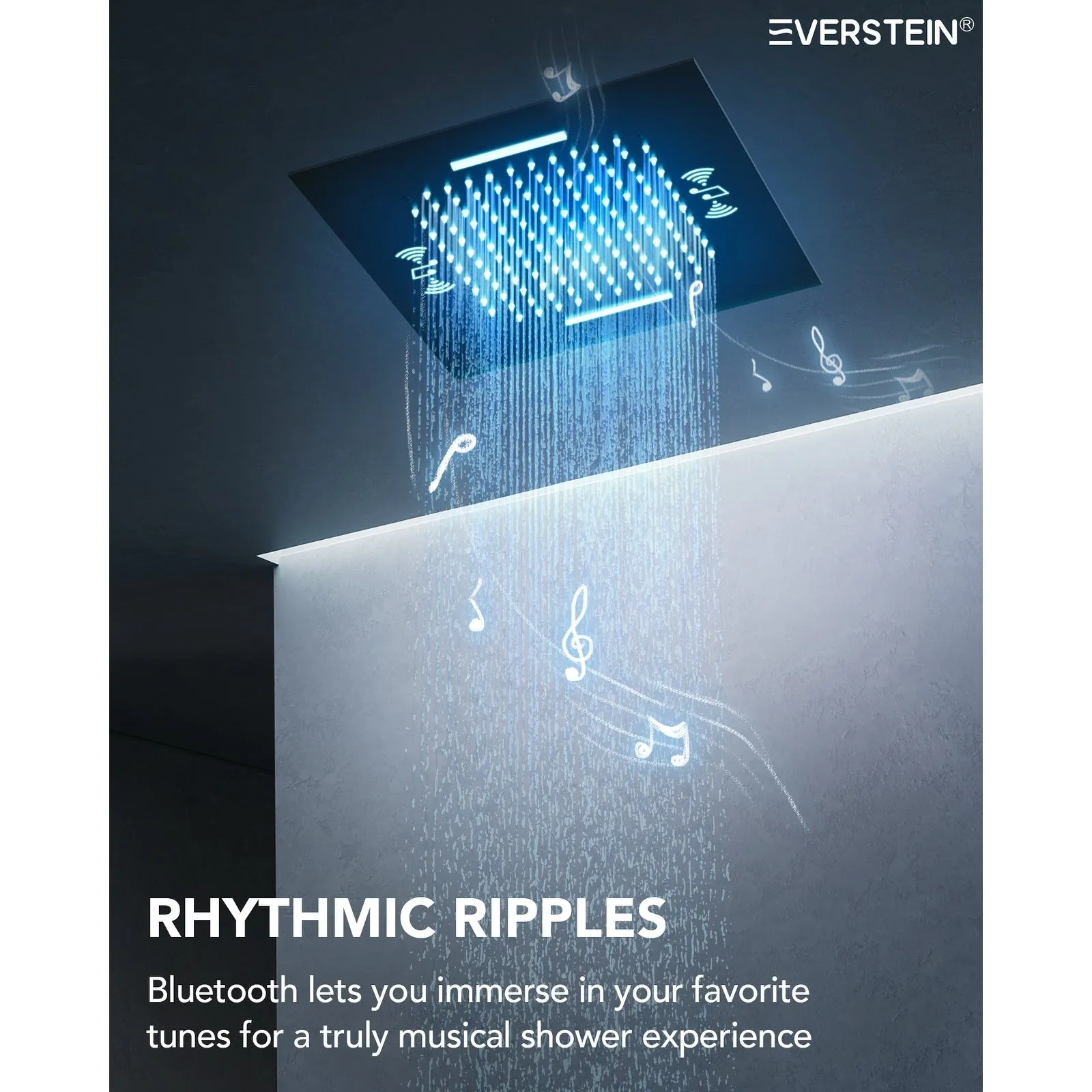 Triple Heads 20 Thermostatic Shower System. LED Mood Lighting 64-Color Dual Shower Head with Bluetooth Music