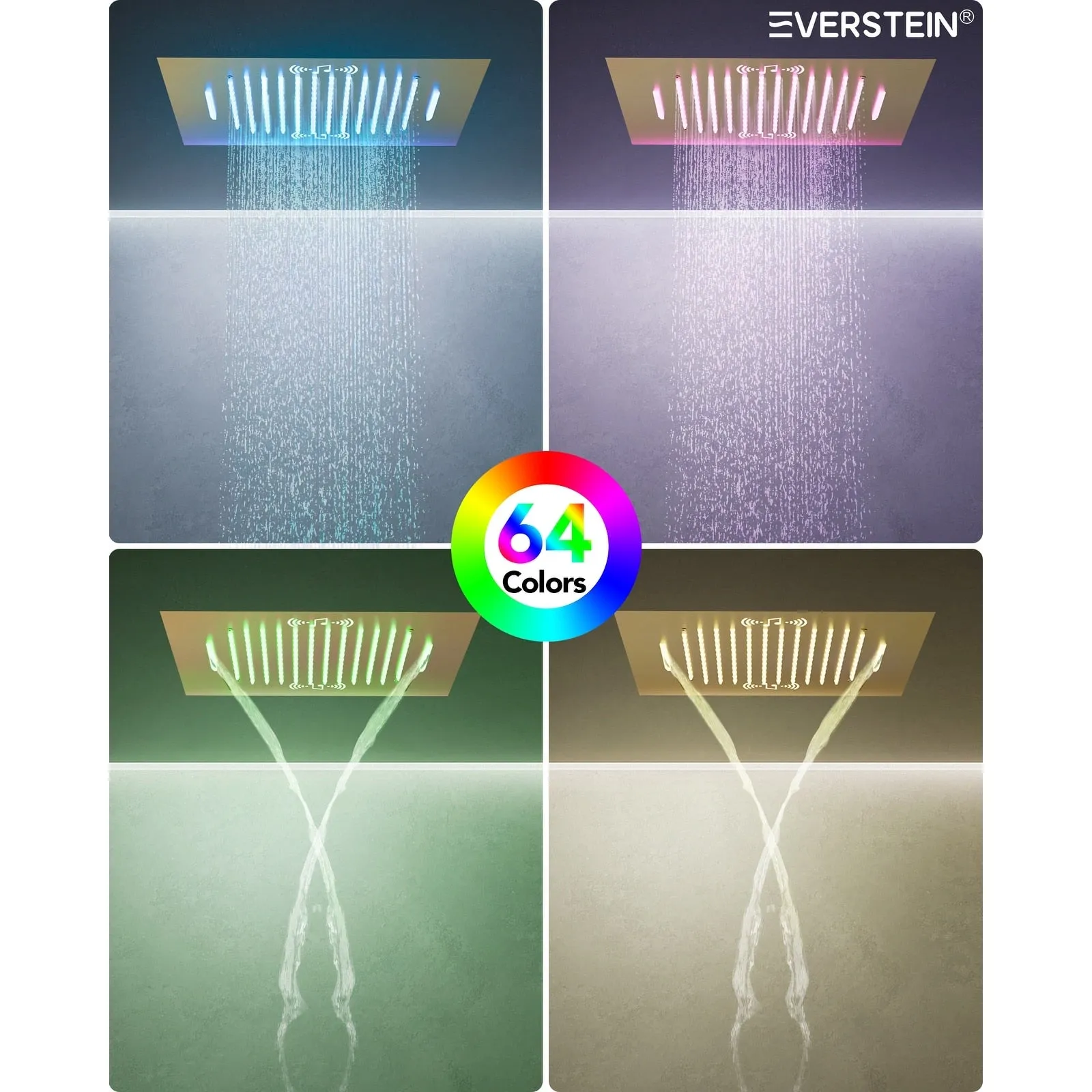 Triple Heads 20 Thermostatic Shower System. LED Mood Lighting 64-Color Dual Shower Head with Bluetooth Music