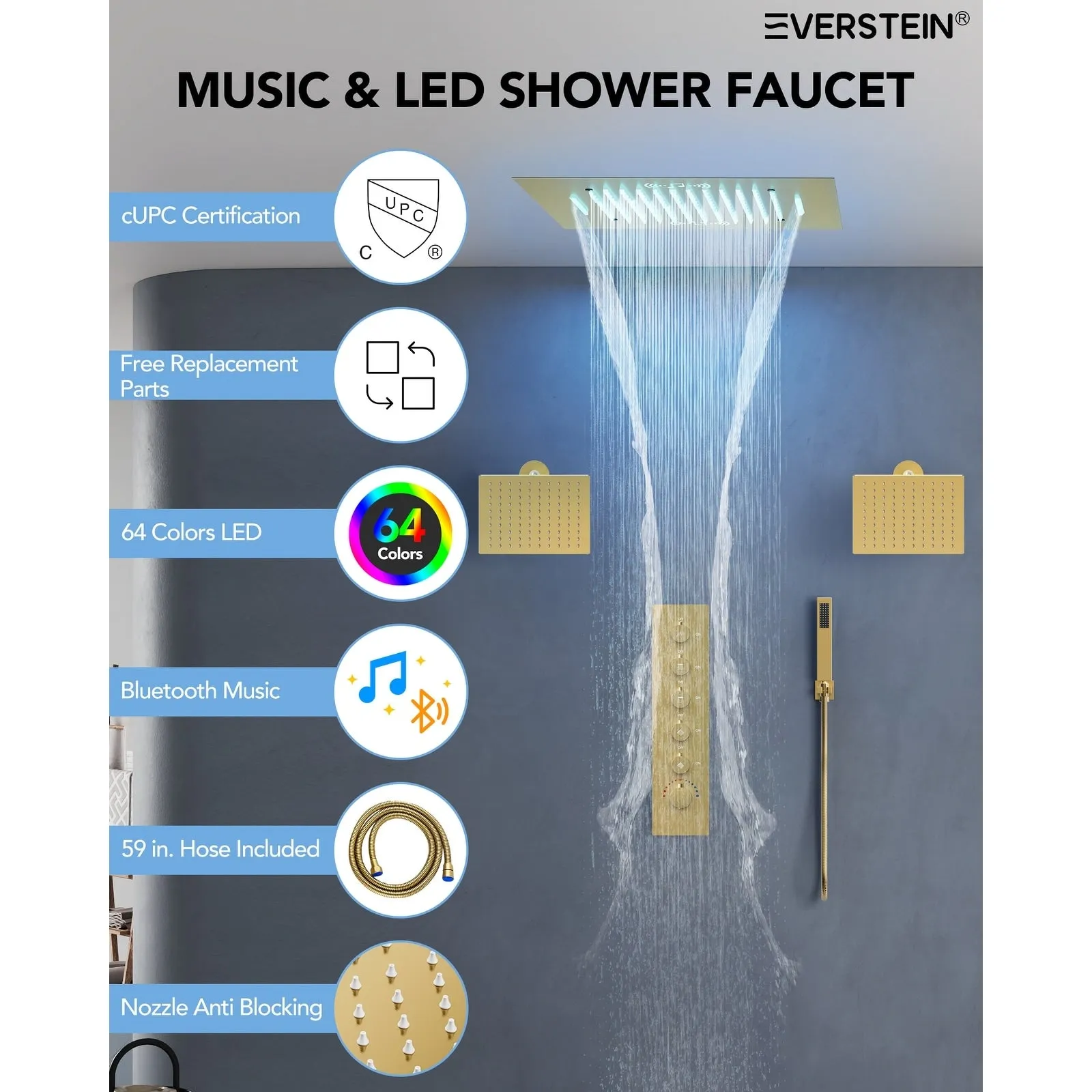 Triple Heads 20 Thermostatic Shower System. LED Mood Lighting 64-Color Dual Shower Head with Bluetooth Music