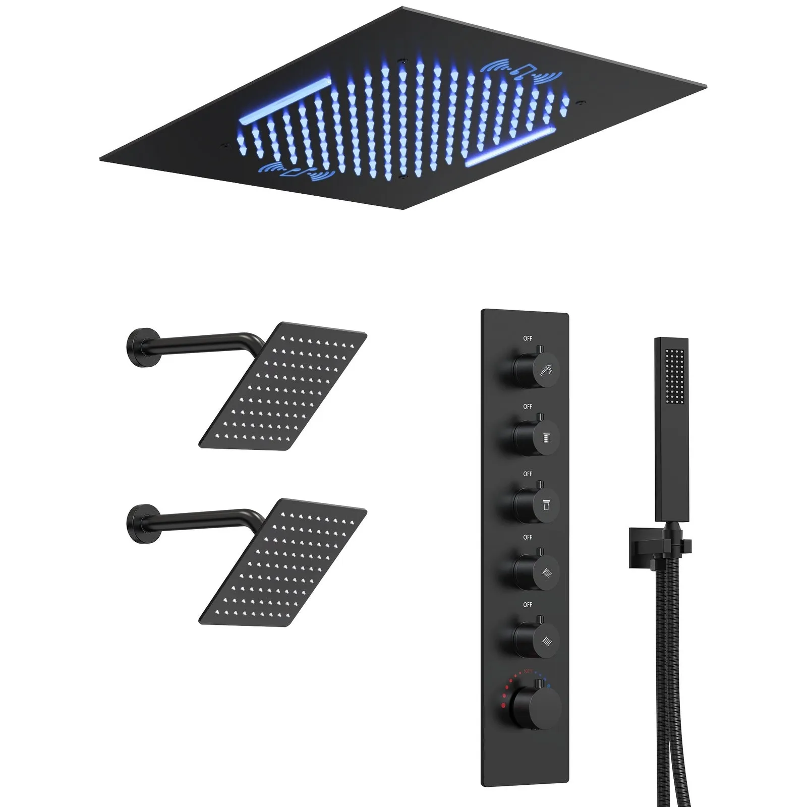 Triple Heads 20 Thermostatic Shower System. LED Mood Lighting 64-Color Dual Shower Head with Bluetooth Music