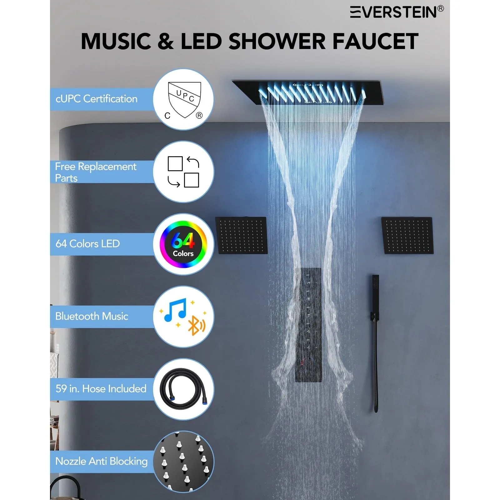 Triple Heads 20 Thermostatic Shower System. LED Mood Lighting 64-Color Dual Shower Head with Bluetooth Music