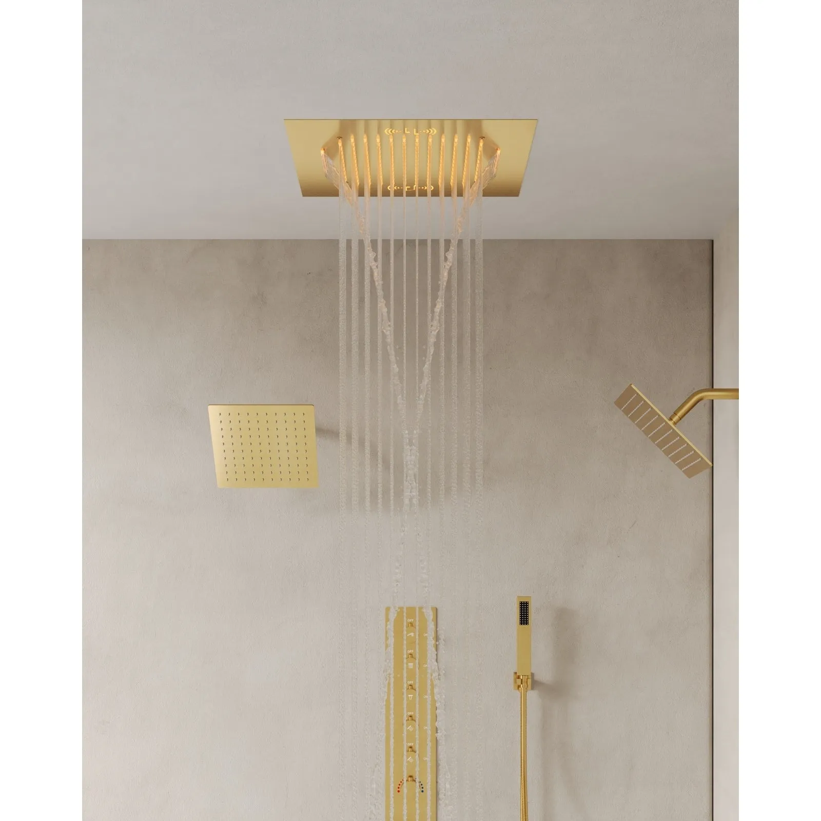 Triple Heads 20 Thermostatic Shower System. LED Mood Lighting 64-Color Dual Shower Head with Bluetooth Music