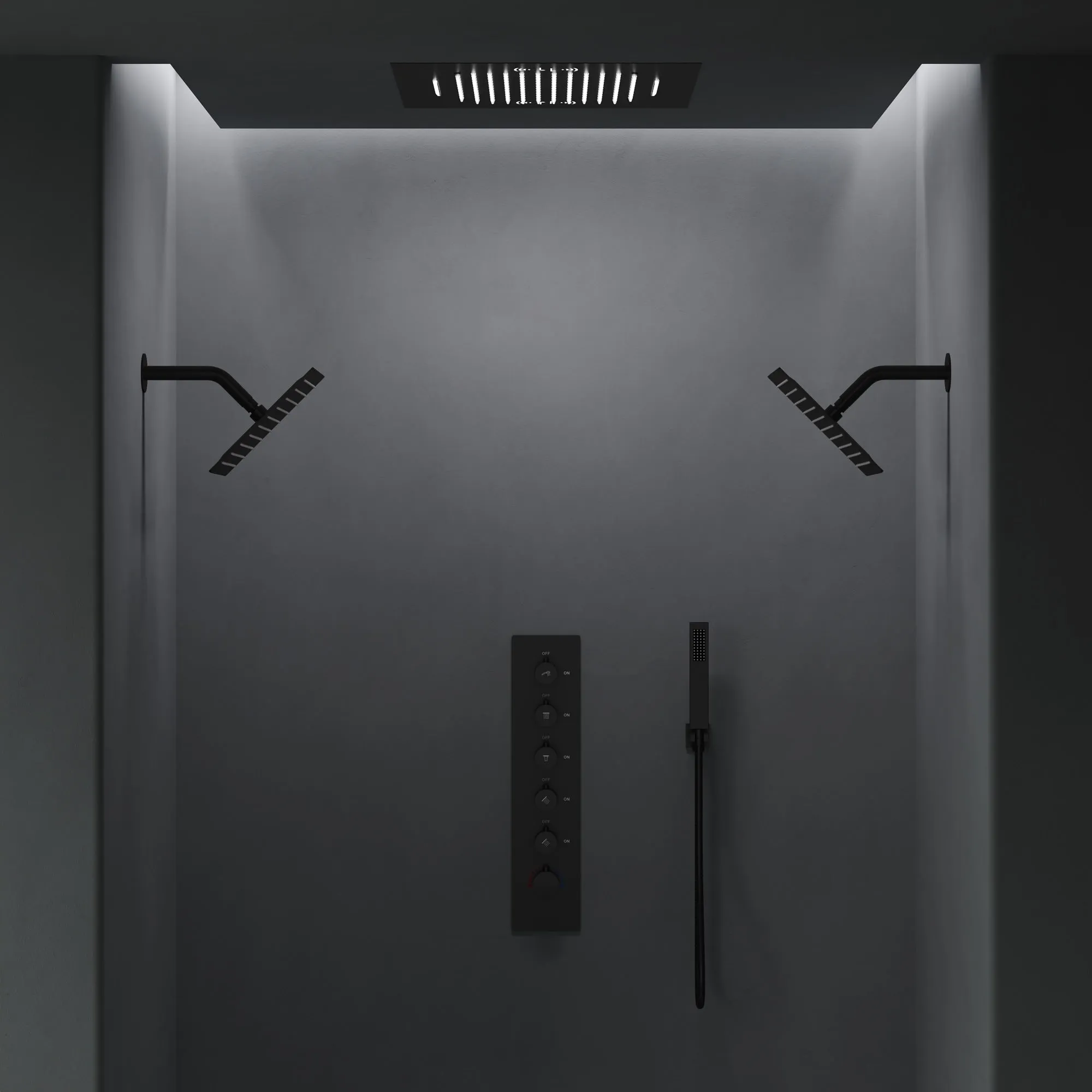 Triple Heads 20 Thermostatic Shower System. LED Mood Lighting 64-Color Dual Shower Head with Bluetooth Music