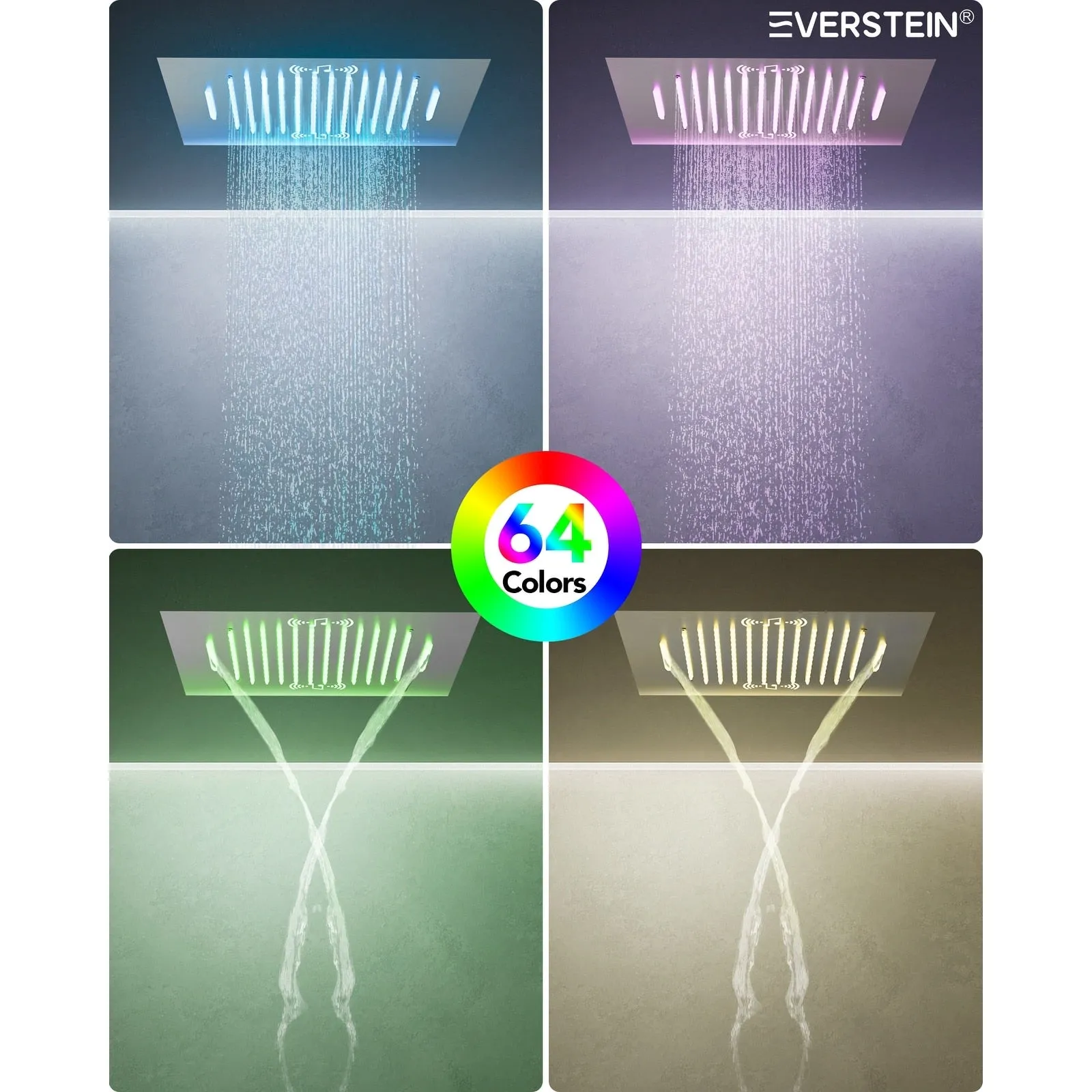 Triple Heads 20 Thermostatic Shower System. LED Mood Lighting 64-Color Dual Shower Head with Bluetooth Music