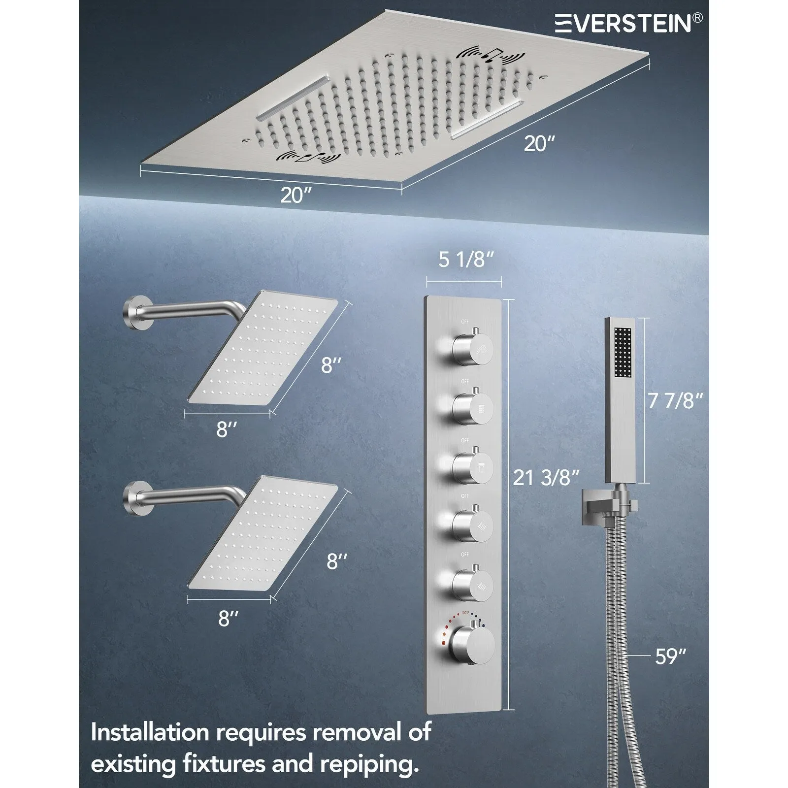 Triple Heads 20 Thermostatic Shower System. LED Mood Lighting 64-Color Dual Shower Head with Bluetooth Music