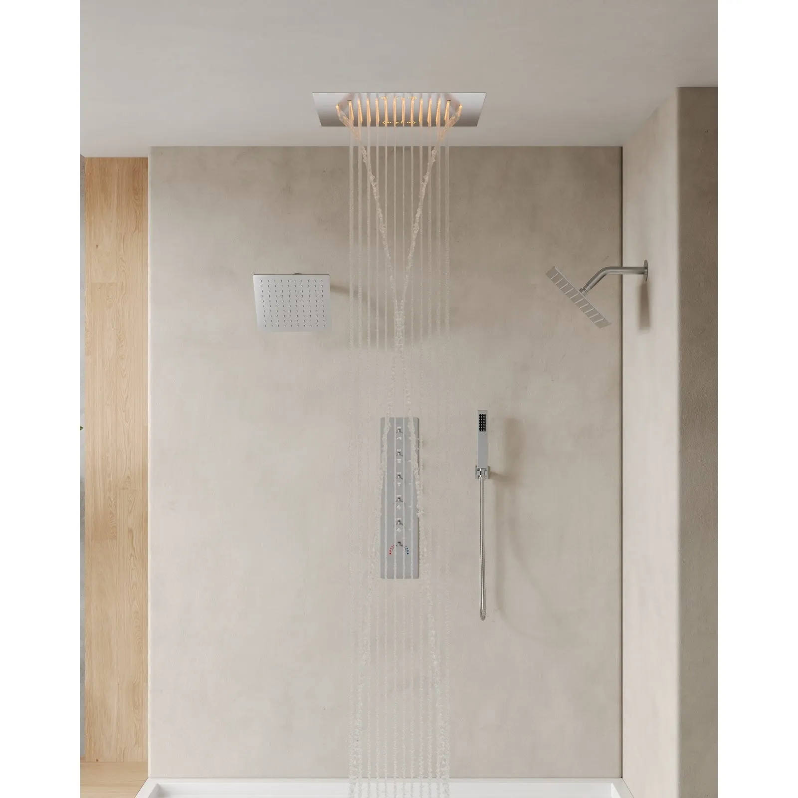 Triple Heads 20 Thermostatic Shower System. LED Mood Lighting 64-Color Dual Shower Head with Bluetooth Music