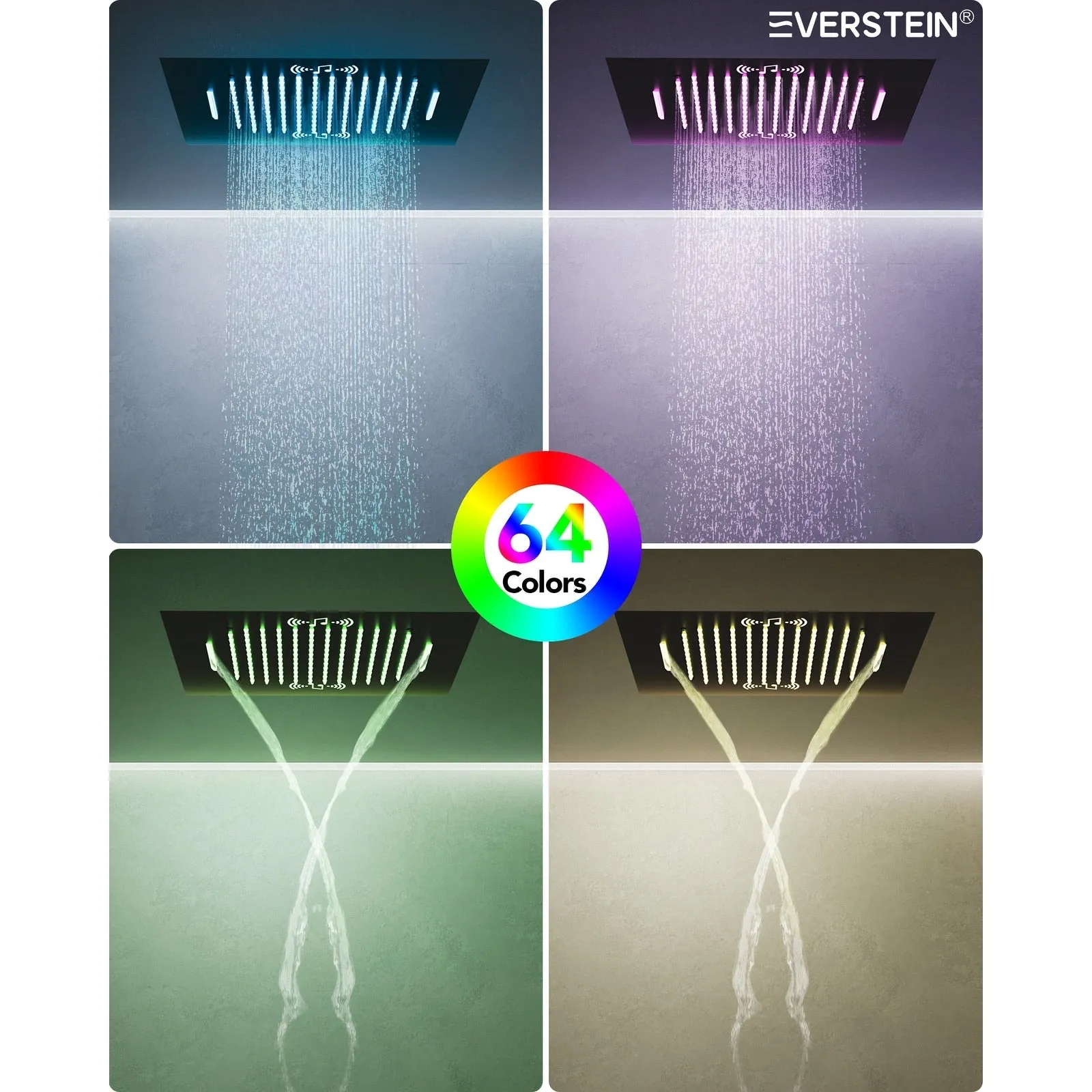 Triple Heads 20 Thermostatic Shower System. LED Mood Lighting 64-Color Dual Shower Head with Bluetooth Music