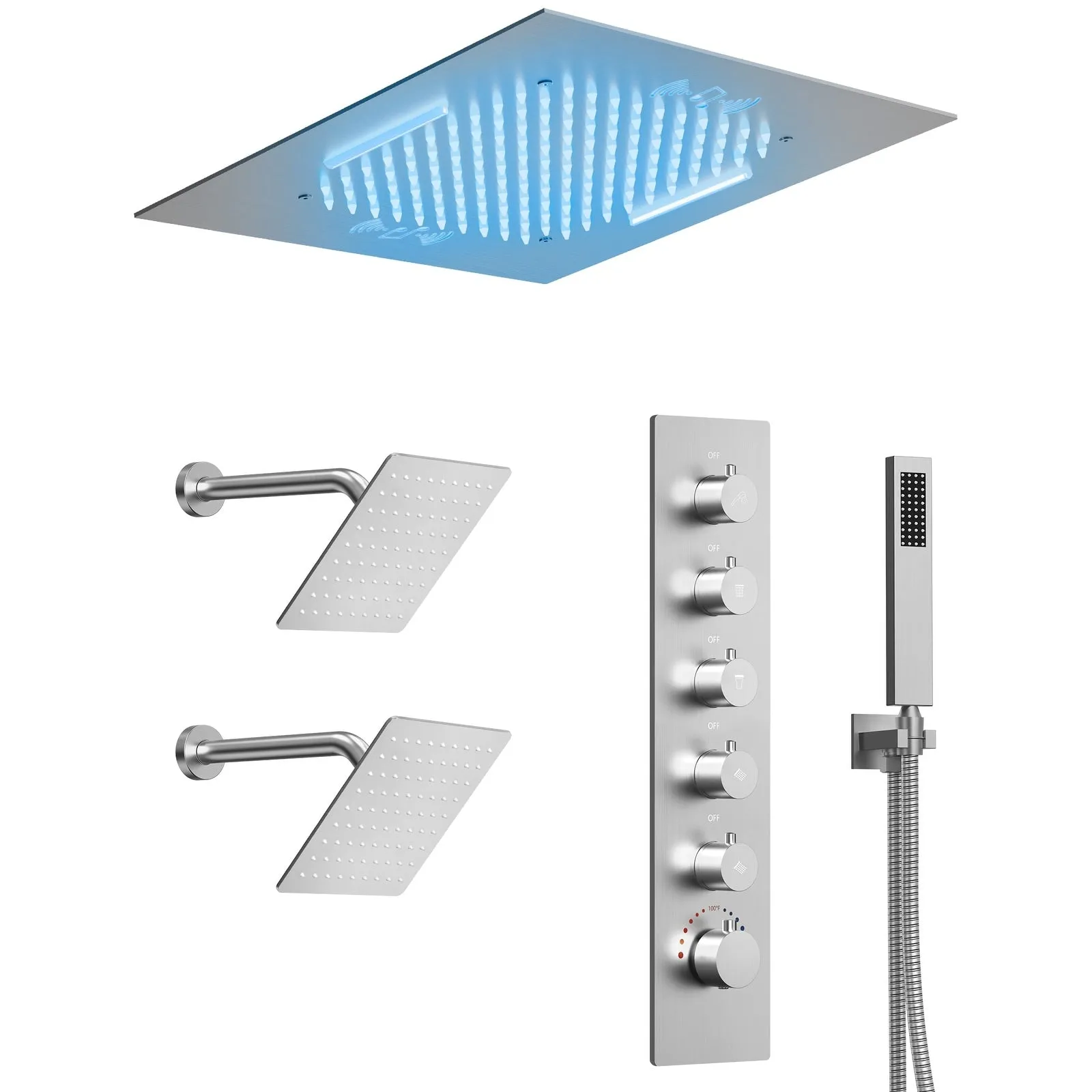 Triple Heads 20 Thermostatic Shower System. LED Mood Lighting 64-Color Dual Shower Head with Bluetooth Music