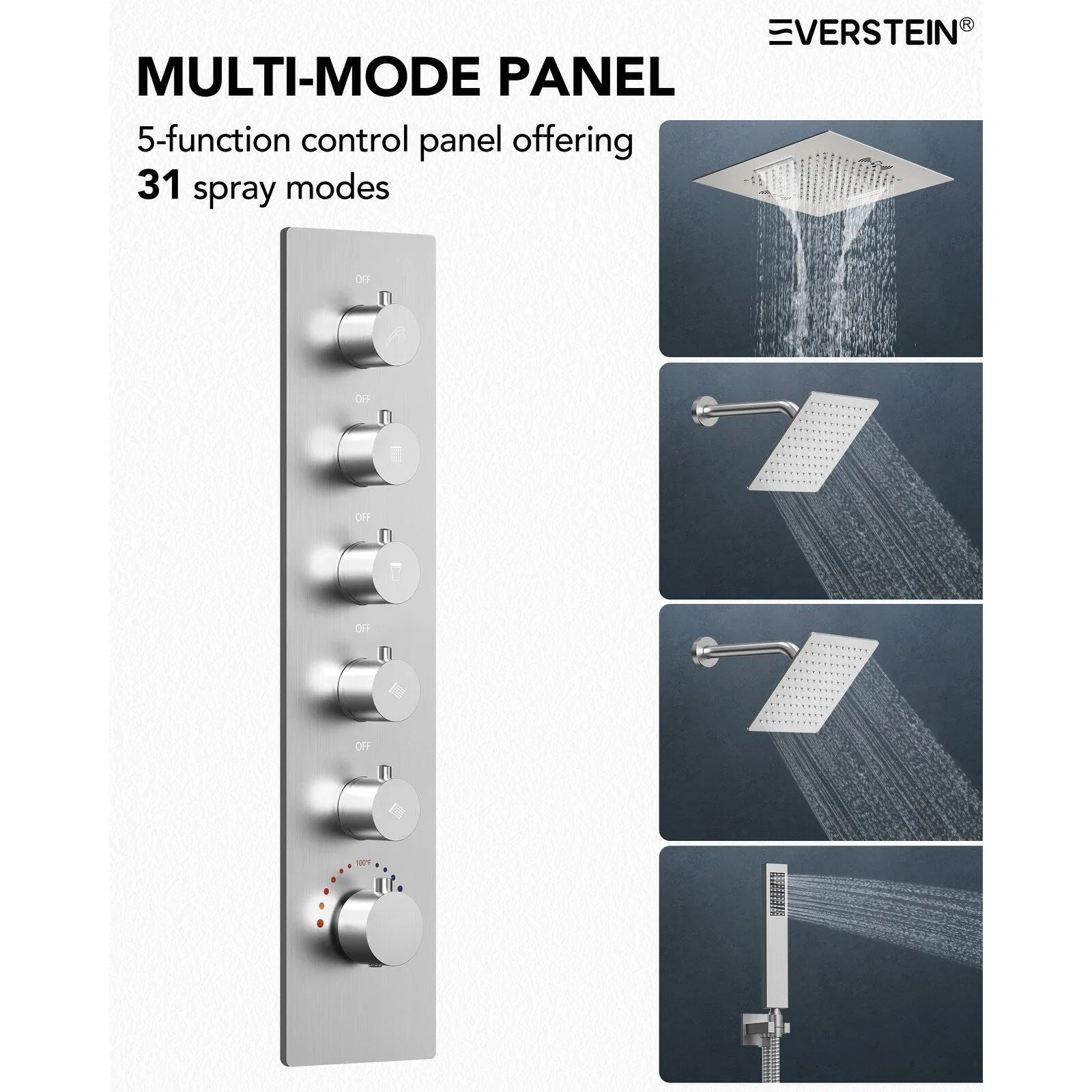 Triple Heads 20 Thermostatic Shower System. LED Mood Lighting 64-Color Dual Shower Head with Bluetooth Music