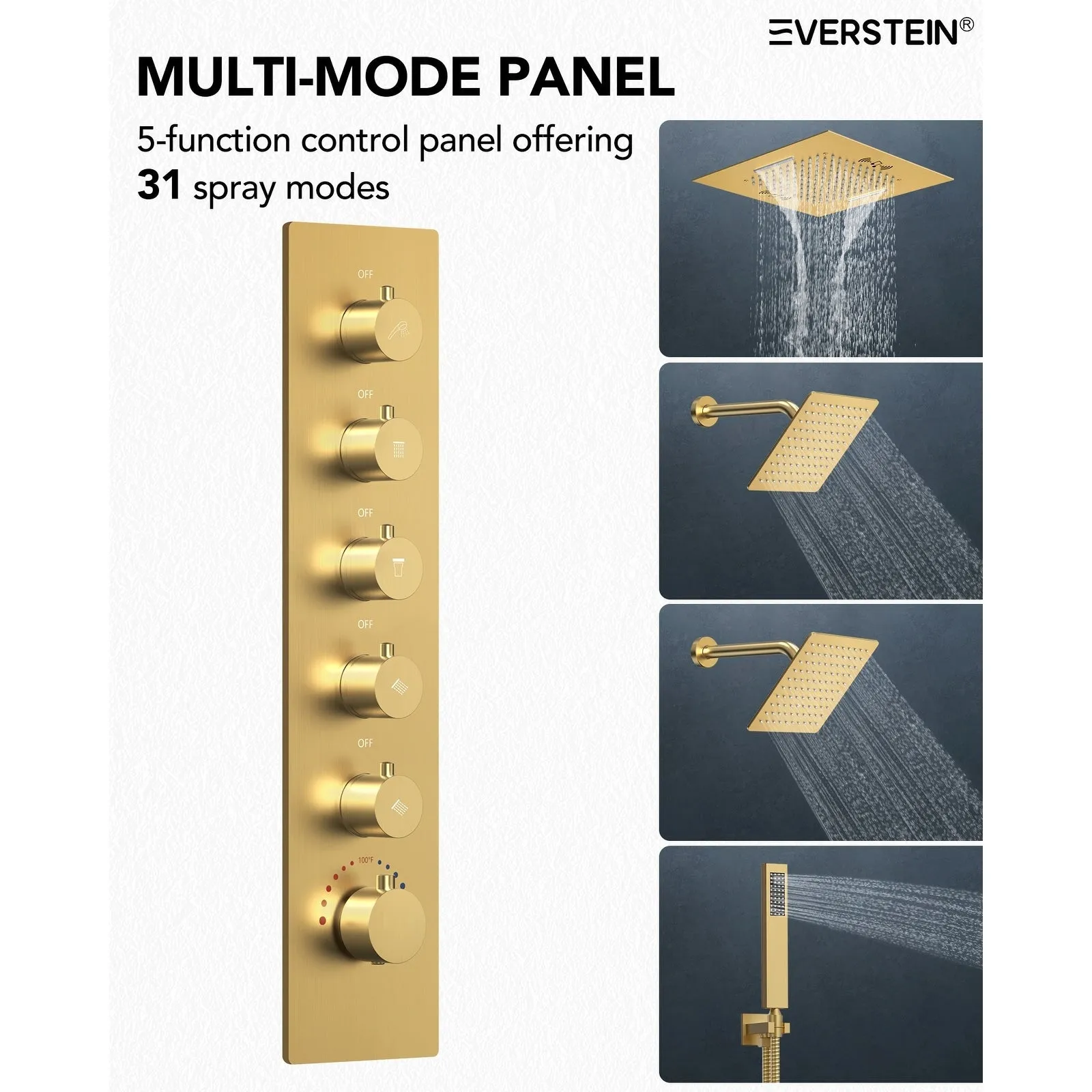Triple Heads 20 Thermostatic Shower System. LED Mood Lighting 64-Color Dual Shower Head with Bluetooth Music